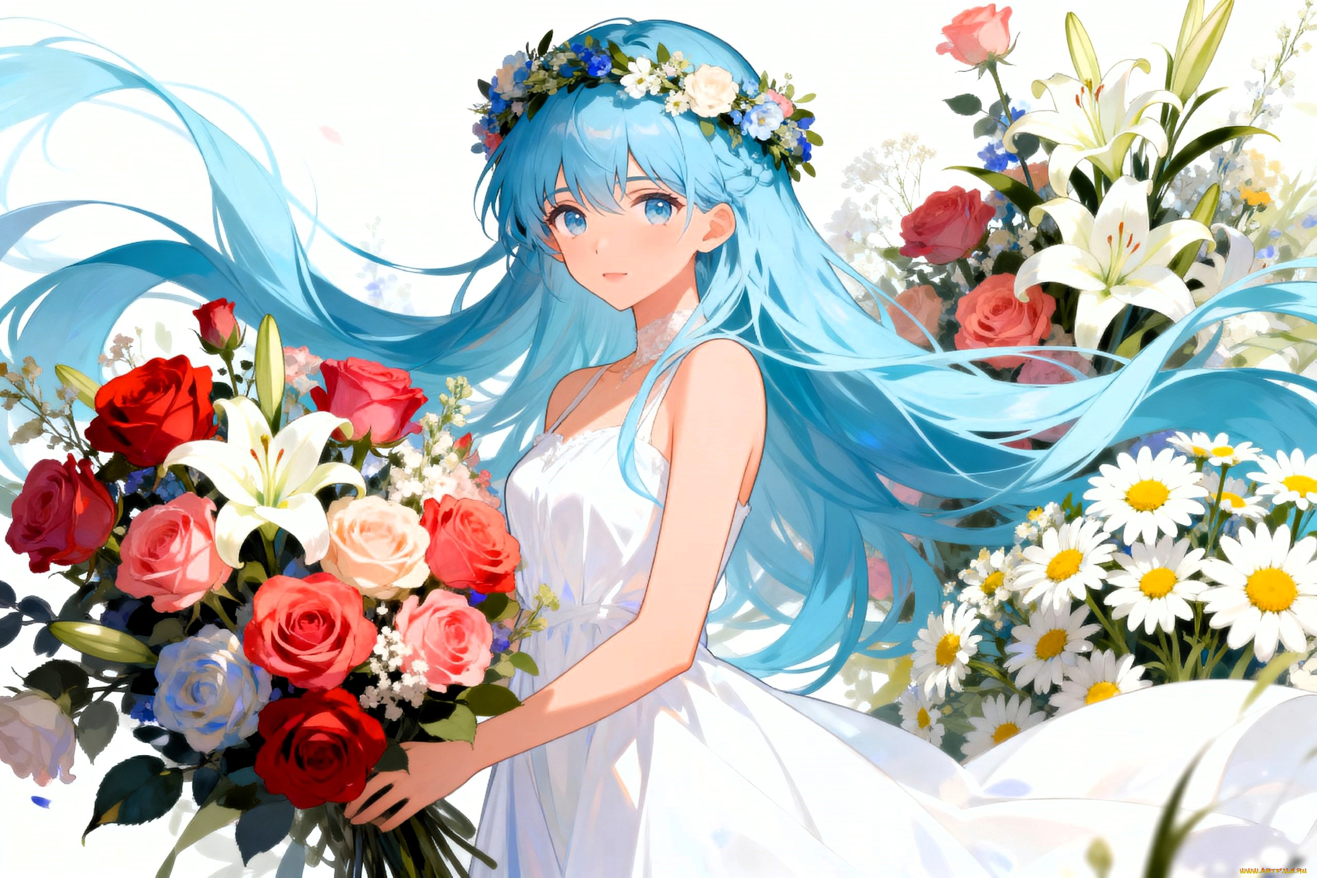 аниме, unknown, , другое, , девушка, голубые, волосы, венок, платье, цветы, букет