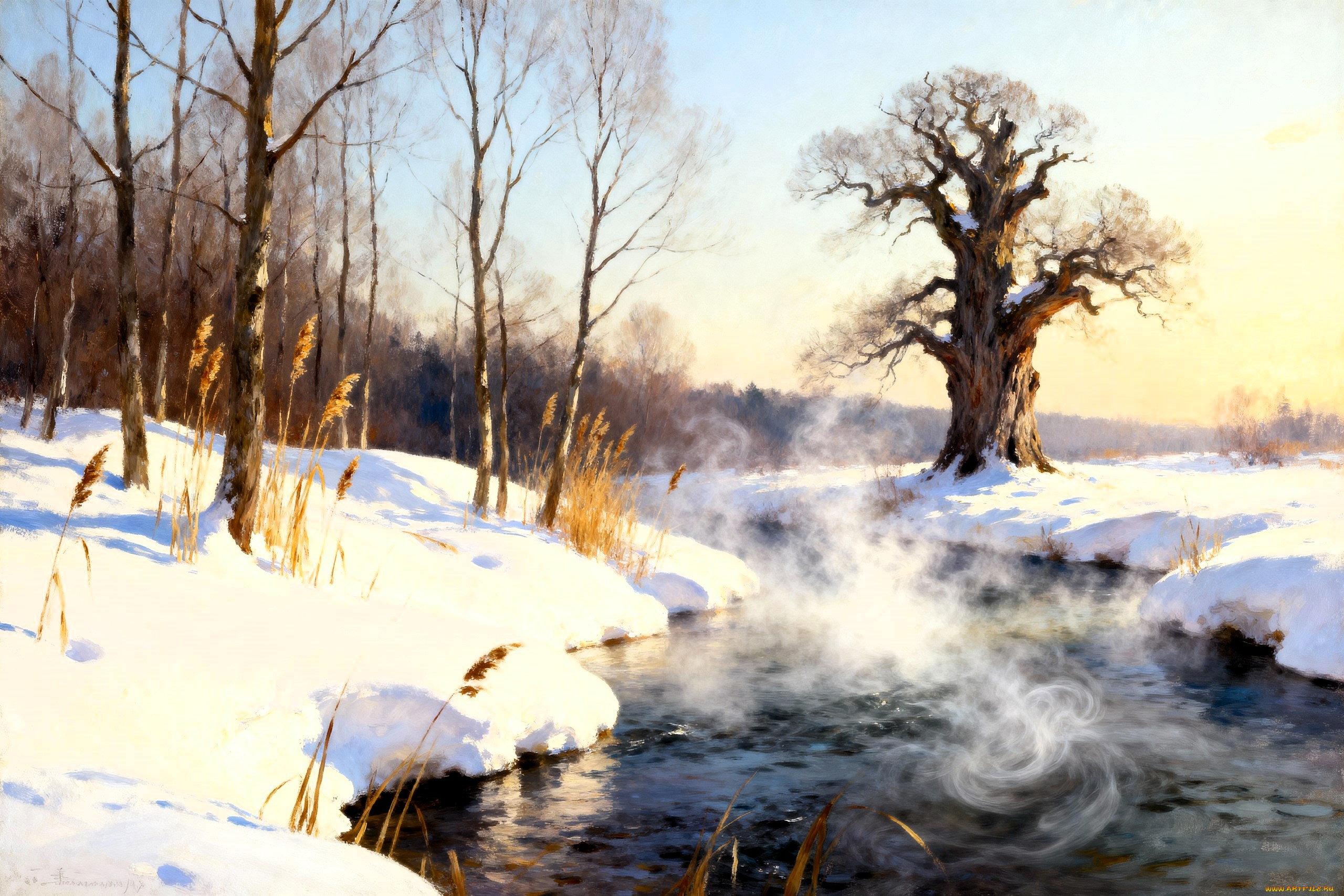 рисованное, природа, лес, деревья, снег, зима, речка, трава, пар