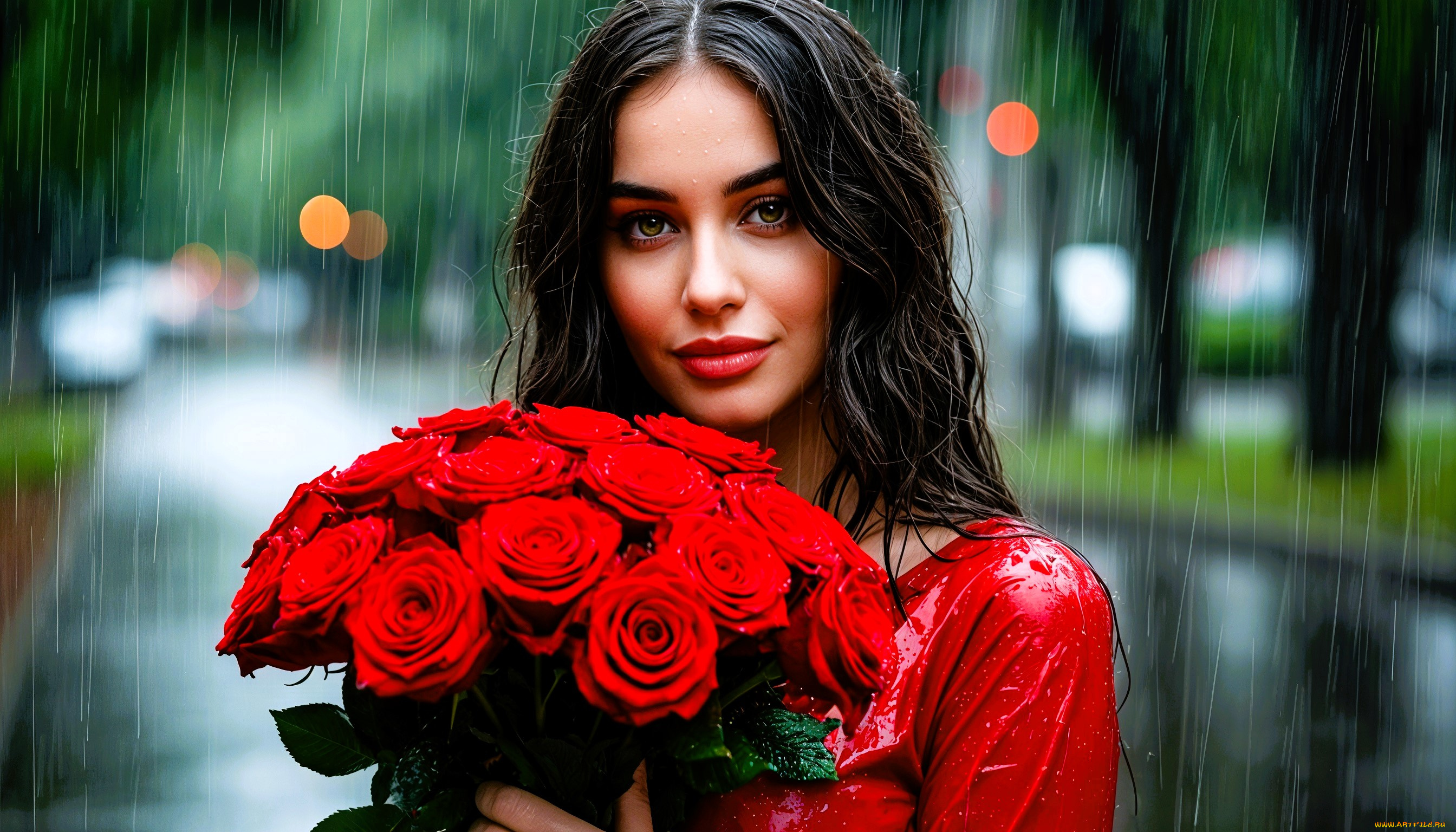 3д, графика, люди, , people, девушка, брюнетка, лицо, цветы, букет, розы, дождь, аллея