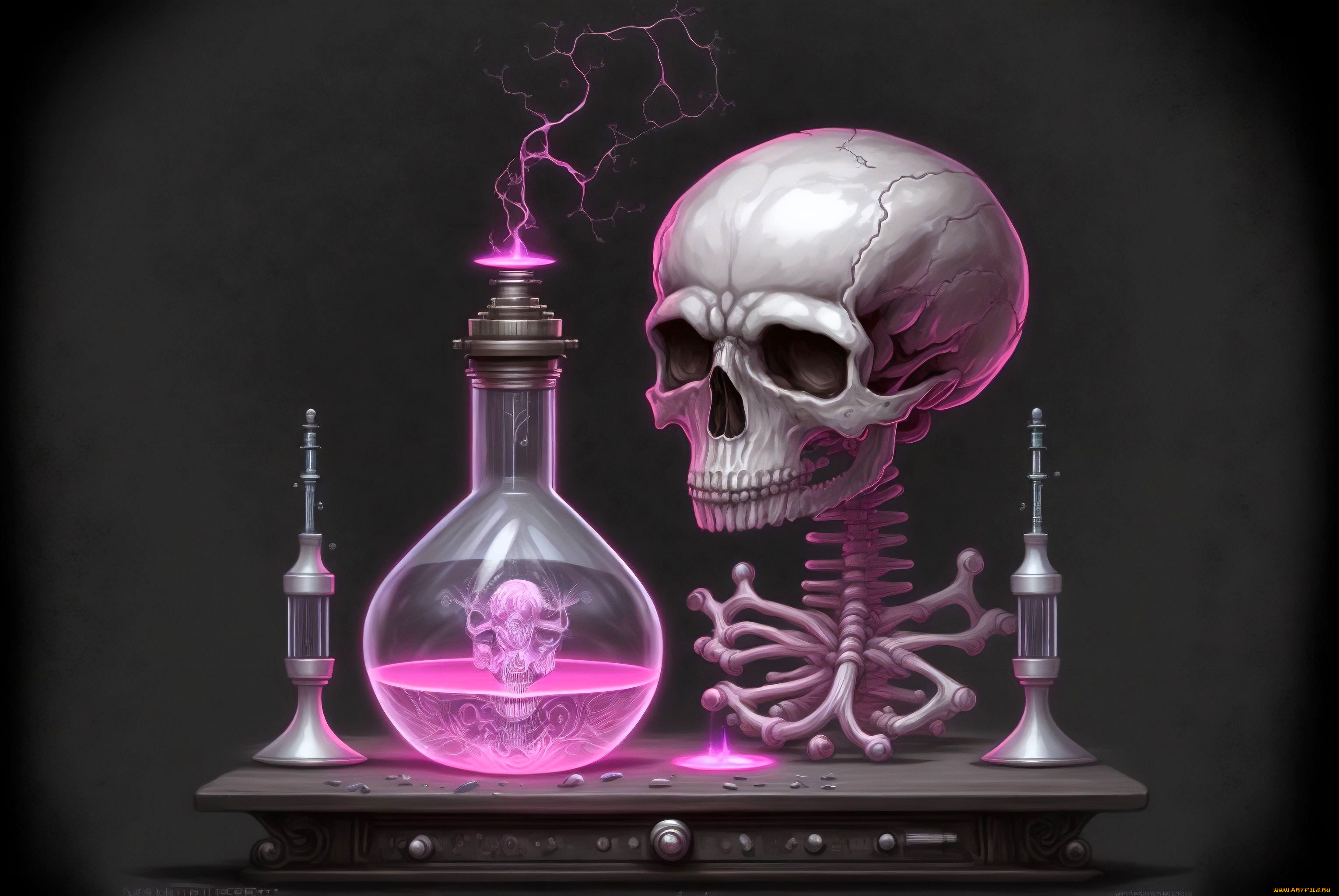 фэнтези, нежить, череп, кости, лаборатория, колба