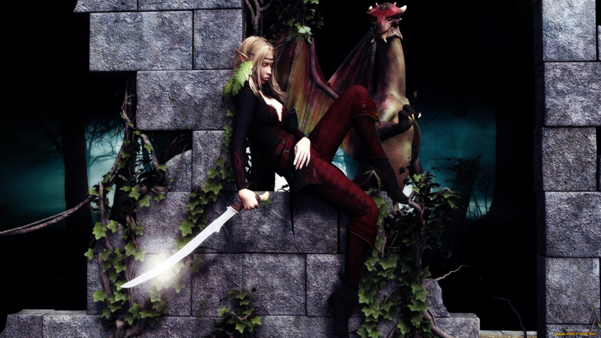 3д, графика, fantasy, фантазия, меч, эльф, дракон