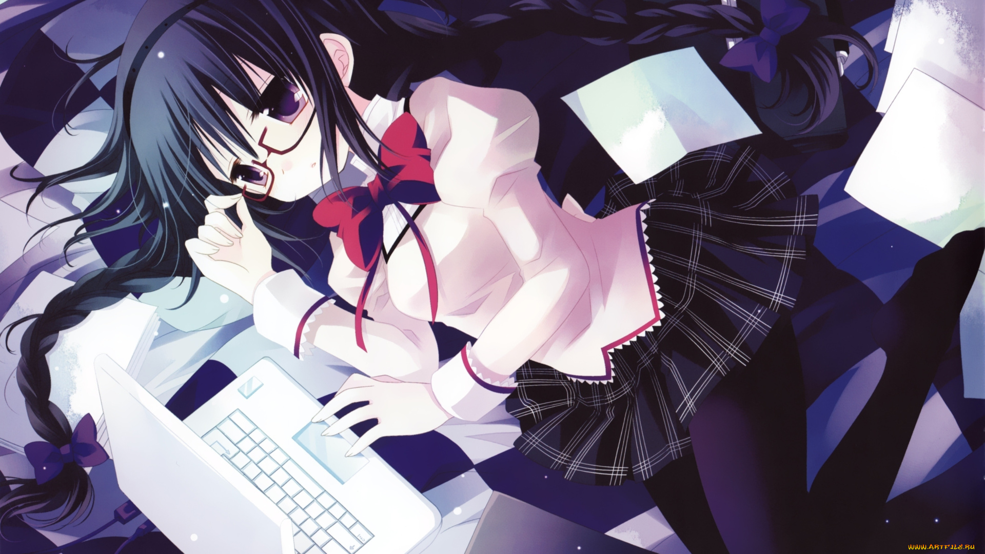 аниме, mahou, shoujo, madoka, magika, косички, постель, очки, форма, девушка