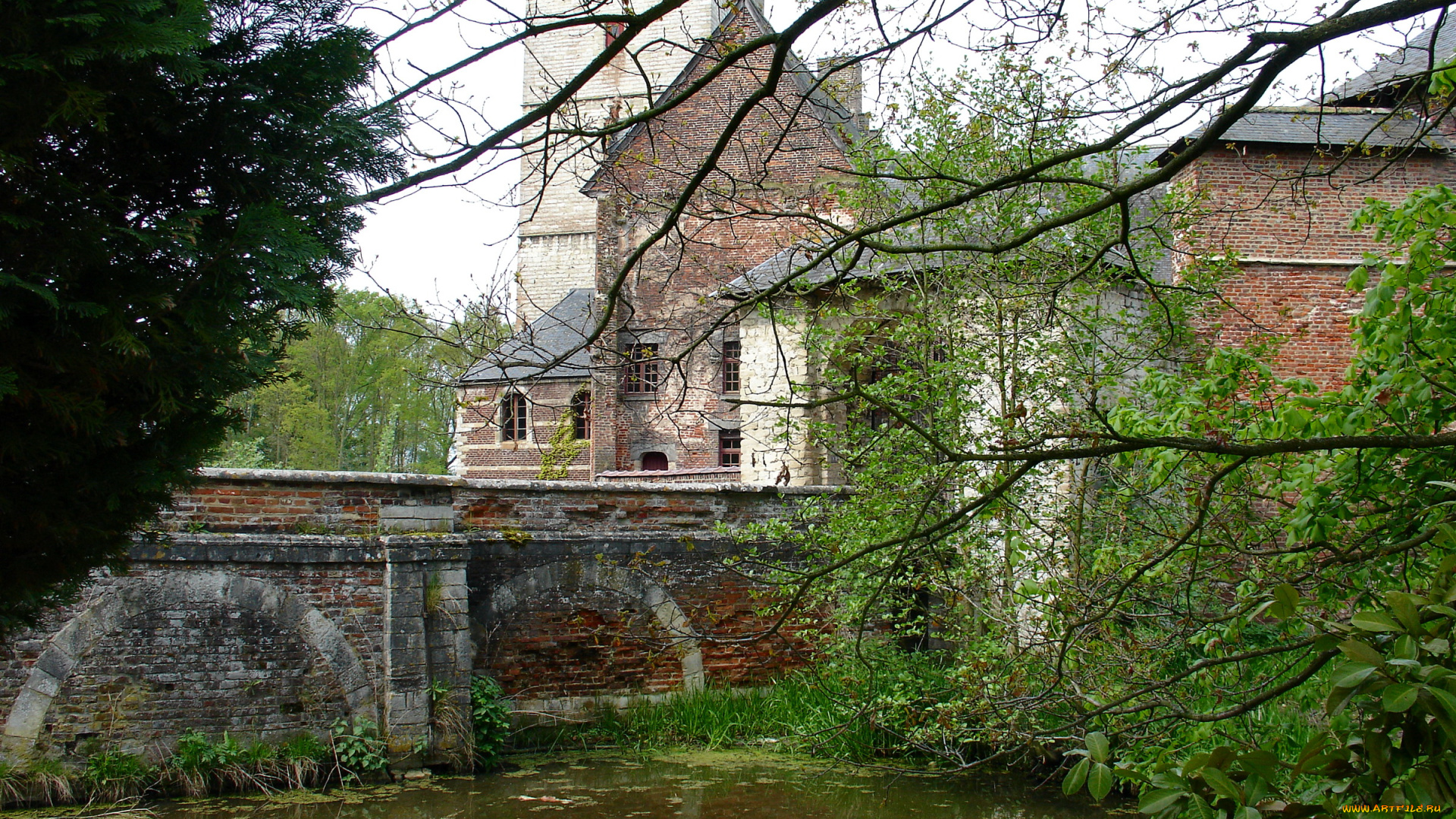 castle, van, horst, belgia, города, дворцы, замки, крепости, деревья, водоем, башни