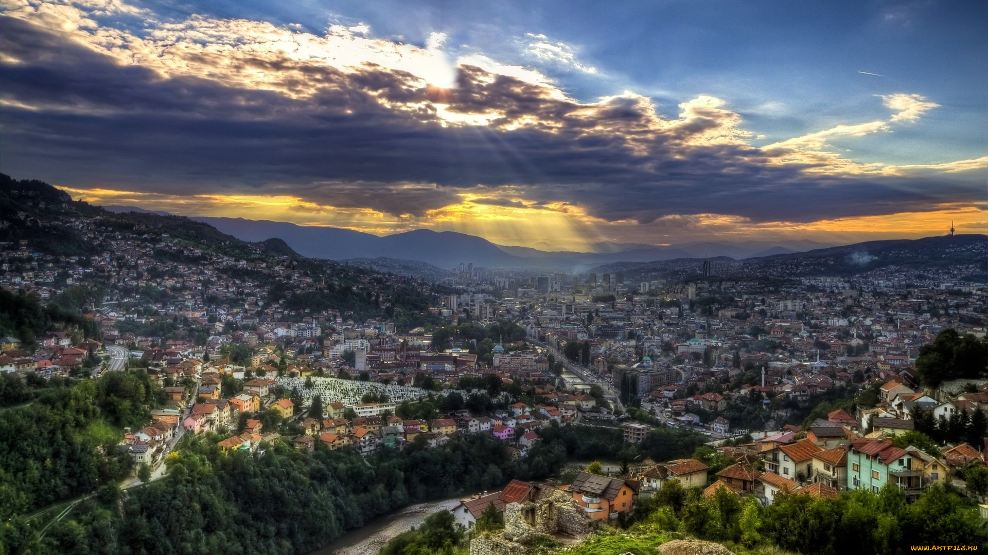сараево, босния, города, столицы, государств, тучи, дома, солнце