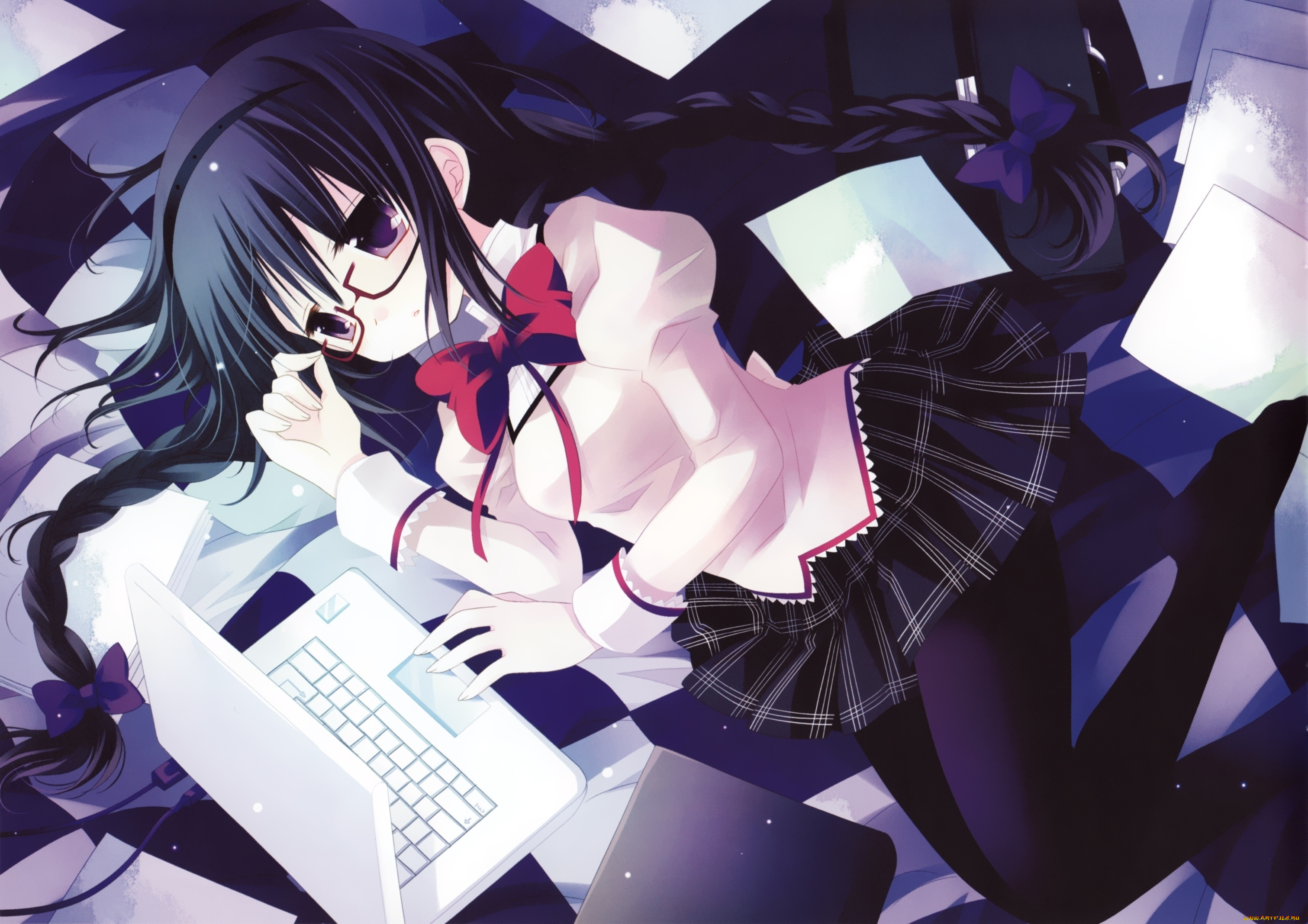 аниме, mahou, shoujo, madoka, magika, косички, постель, очки, форма, девушка