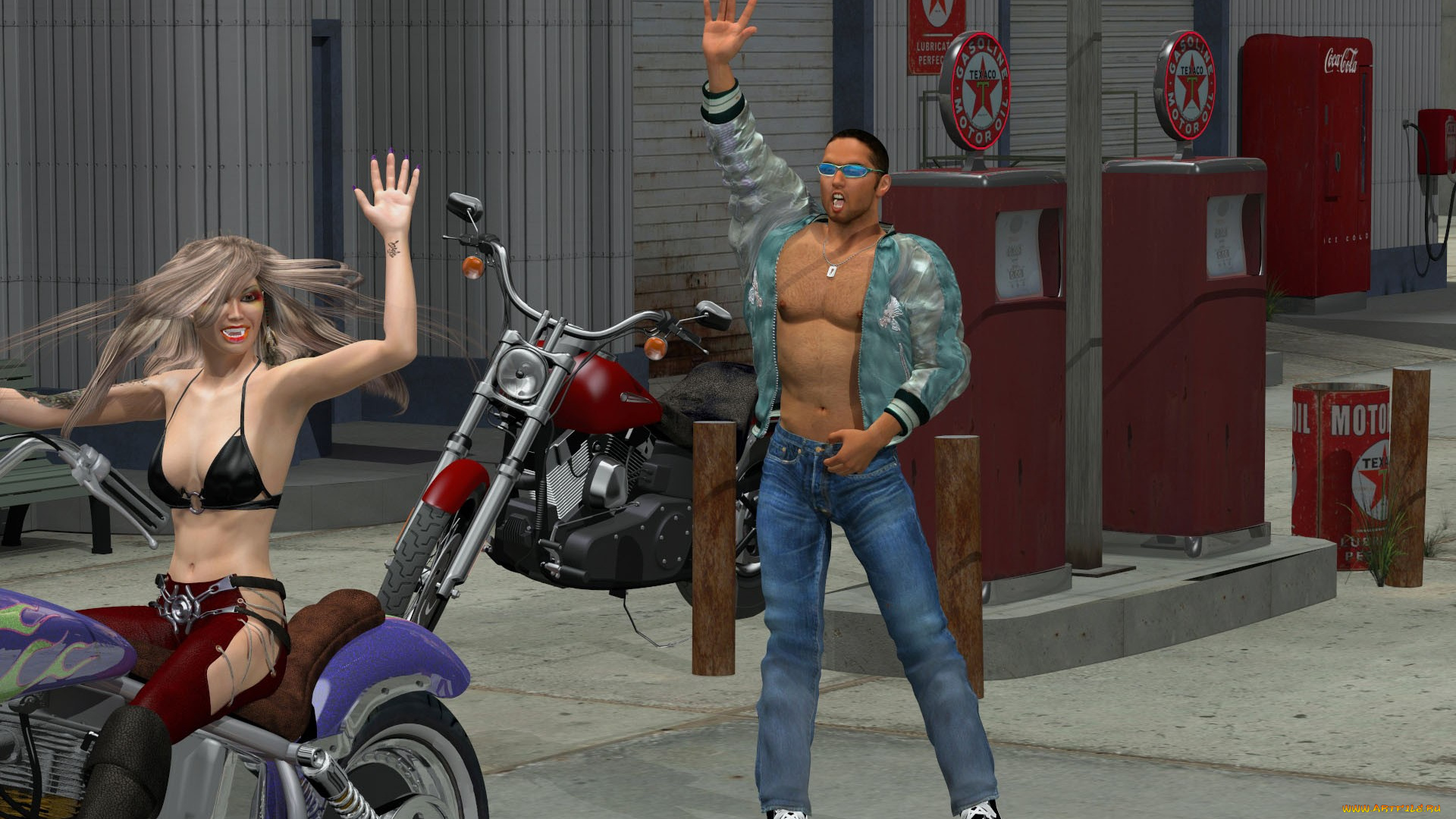 3д, графика, people, люди, девушка, парень, байк