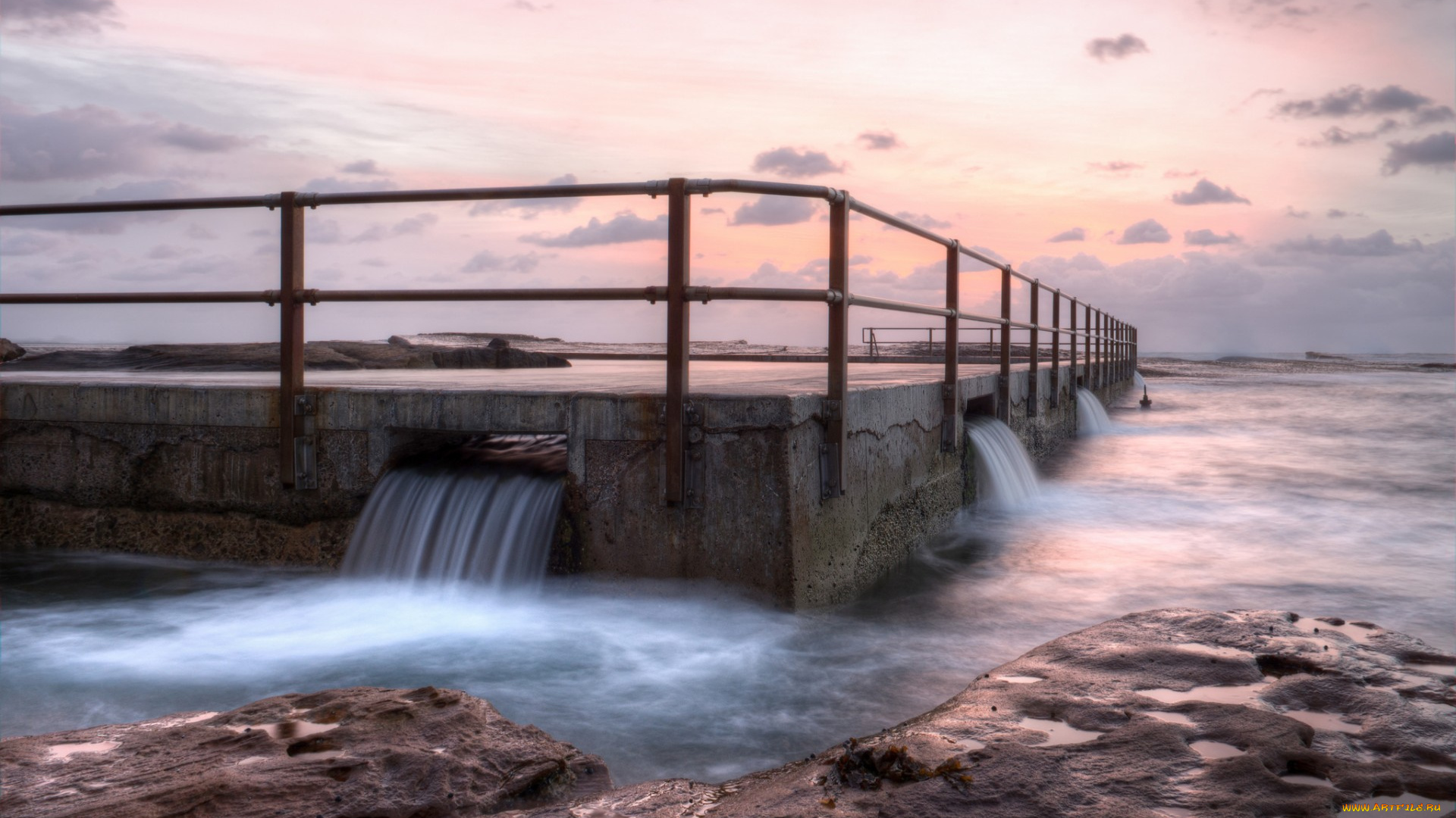 природа, побережье, океан, камни, мол, волны