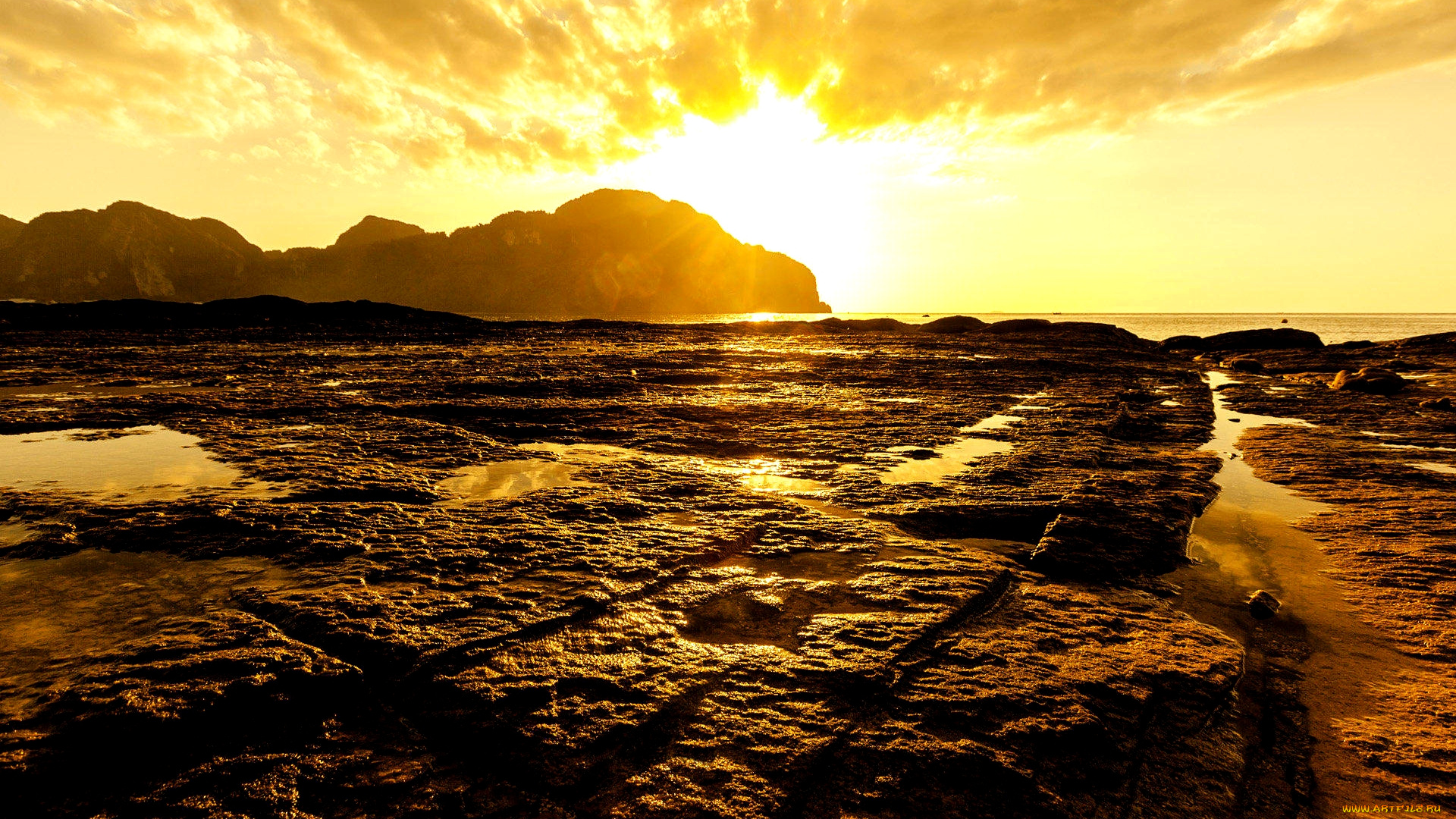 природа, восходы, закаты, рассвет, лужи, скалы, океан, побережье