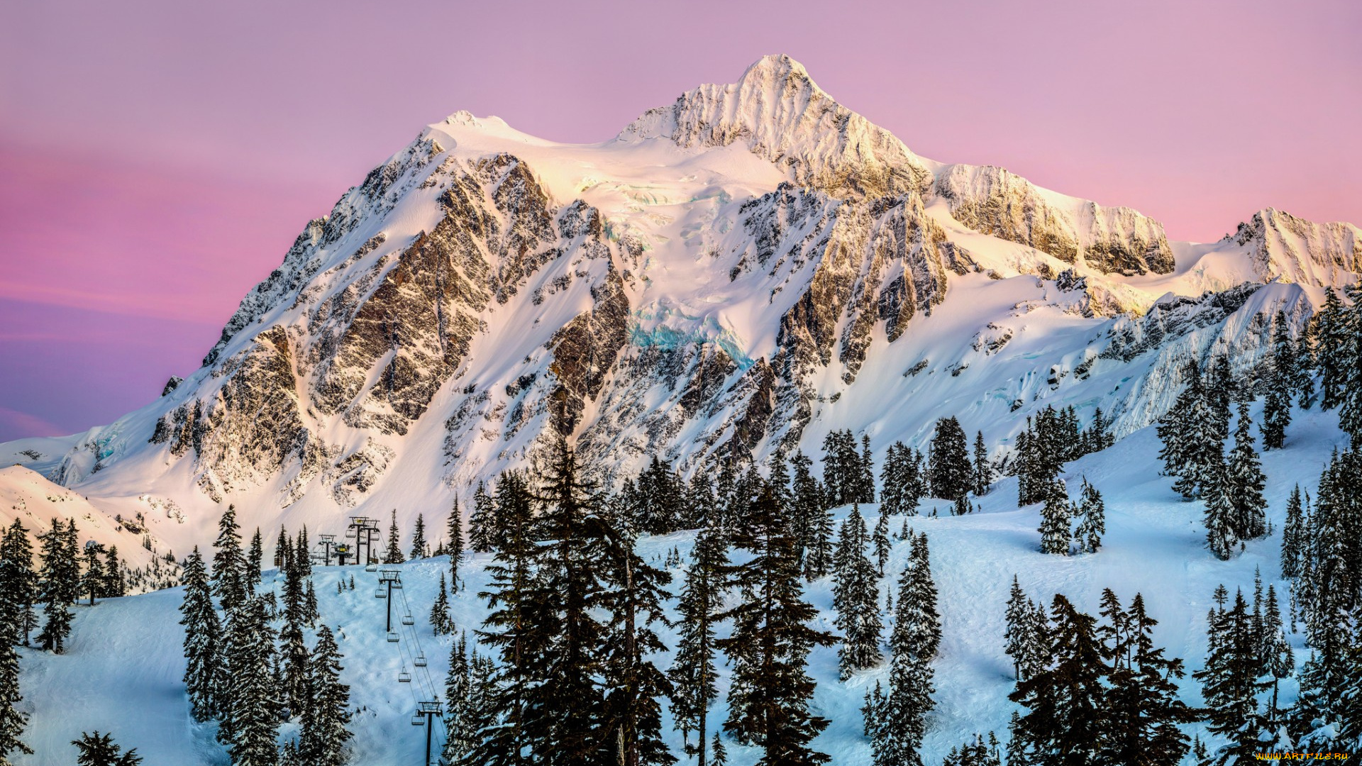 природа, зима, горы, вершины, лес, снега