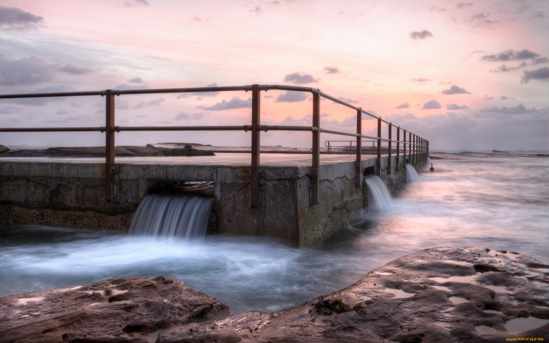 природа, побережье, океан, камни, мол, волны