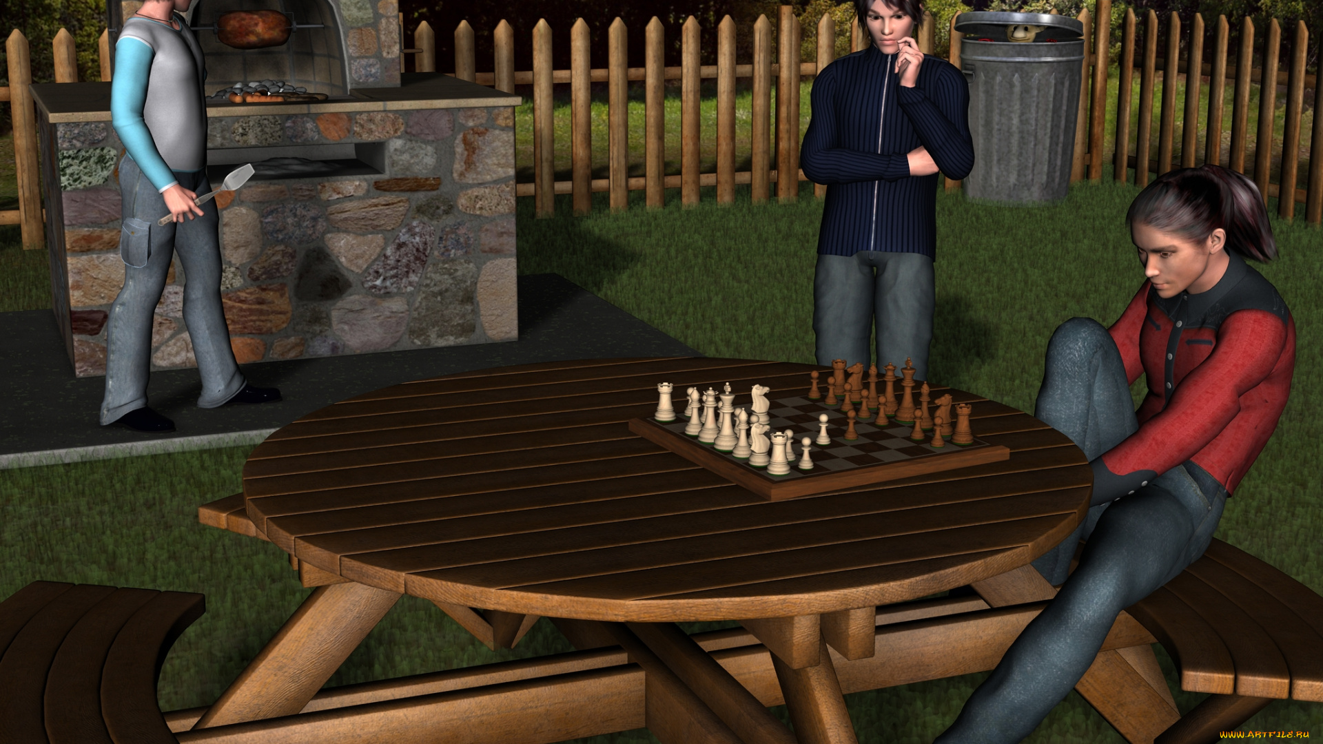 3д, графика, people, , люди, стол, шахматы, ребята