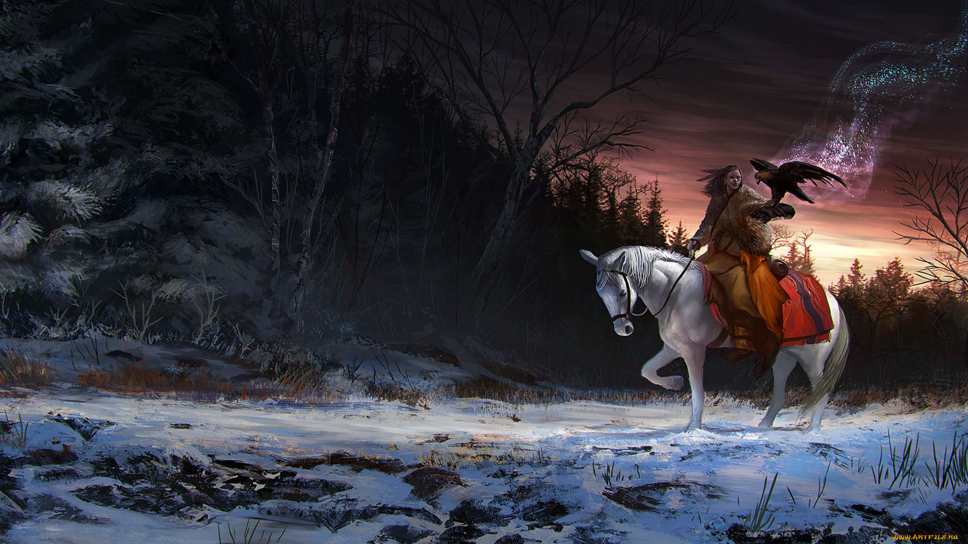 фэнтези, девушки, снег, орел