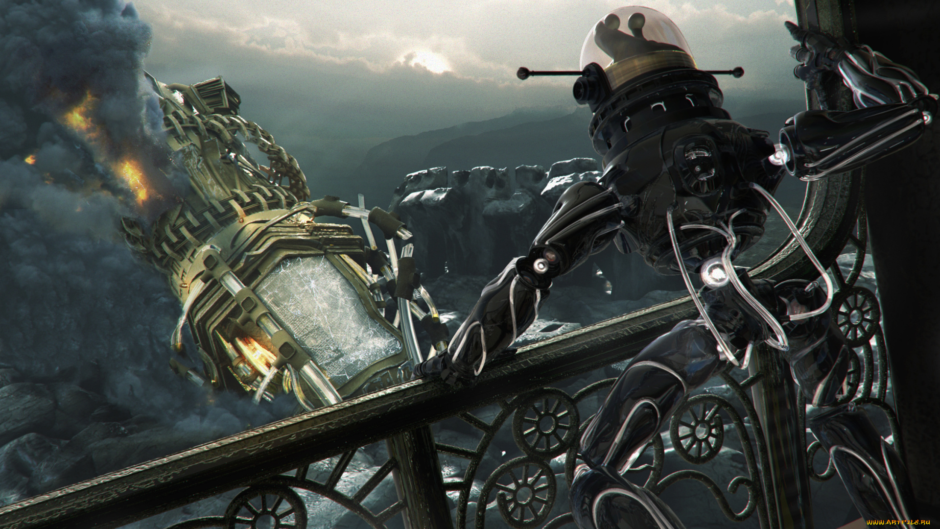 фэнтези, роботы, , киборги, , механизмы, робот, пожар, дым, антенны