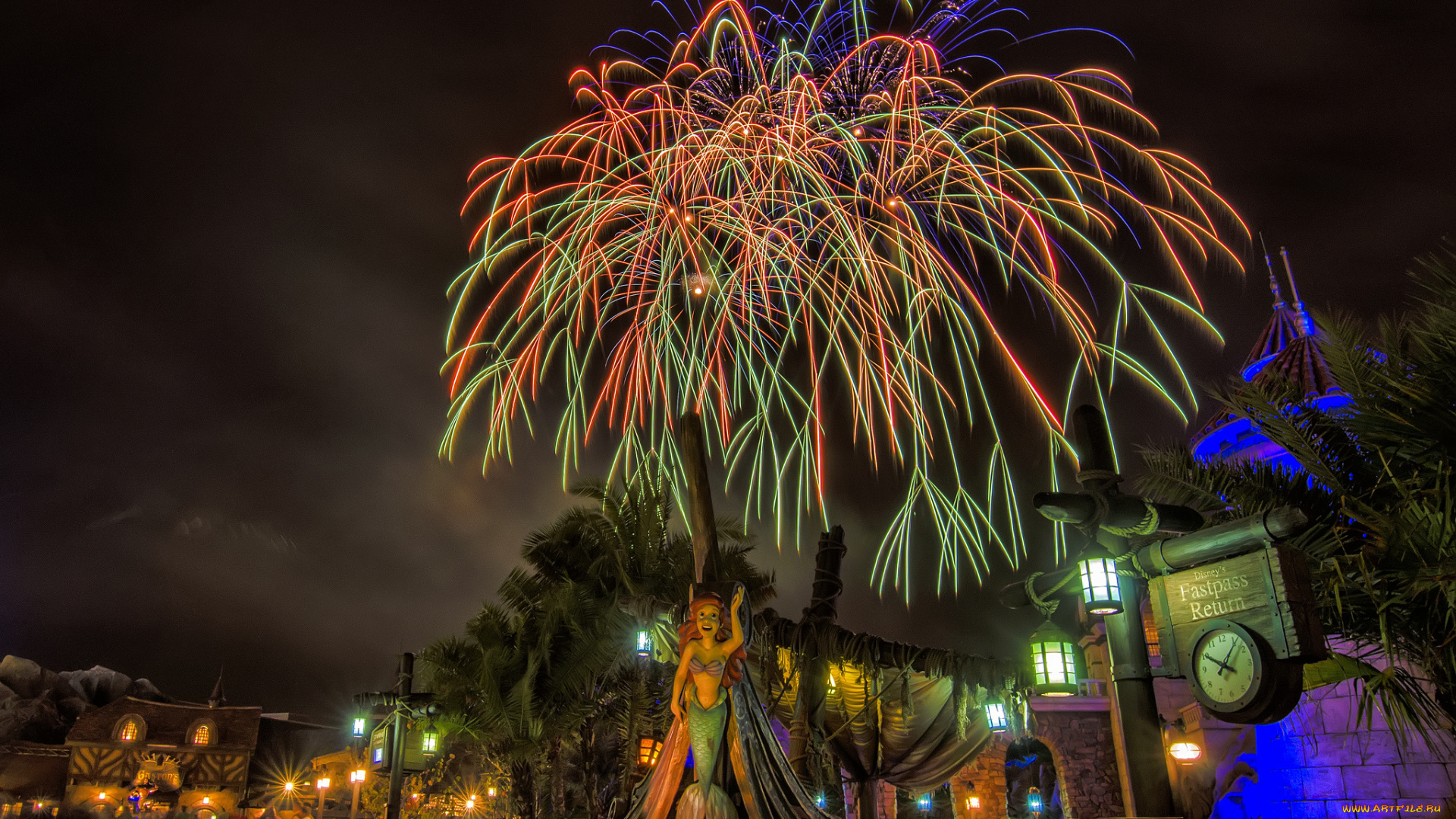 города, диснейленд, фейерверк, парк, ночь