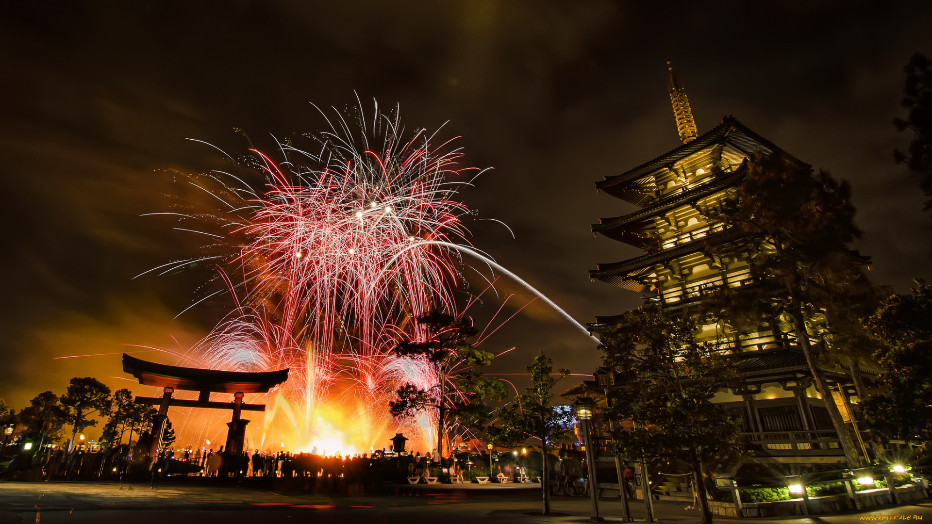 города, диснейленд, фейерверк, парк, ночь