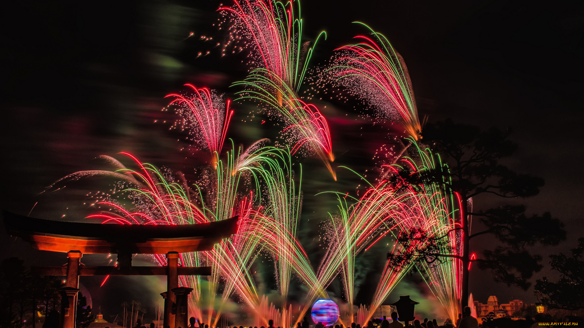 города, диснейленд, фейерверк, парк, ночь