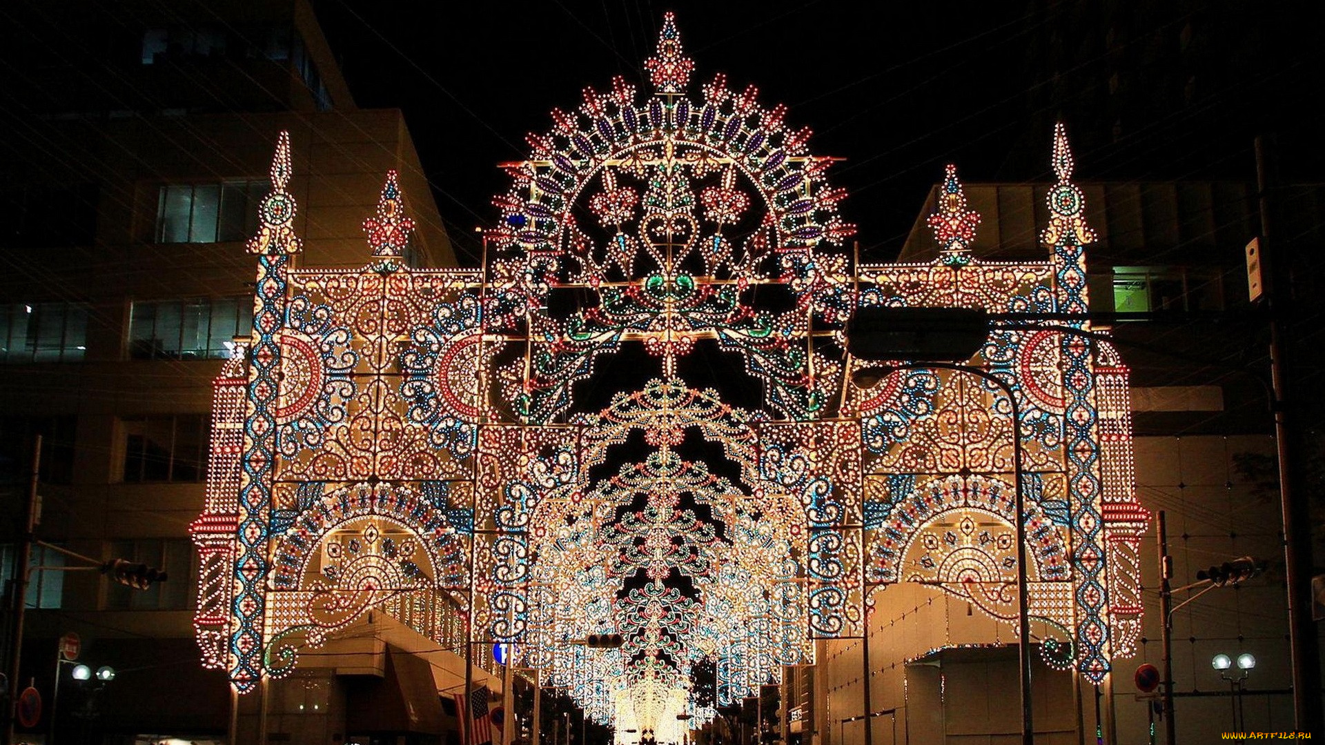 разное, иллюминация, арка, дома
