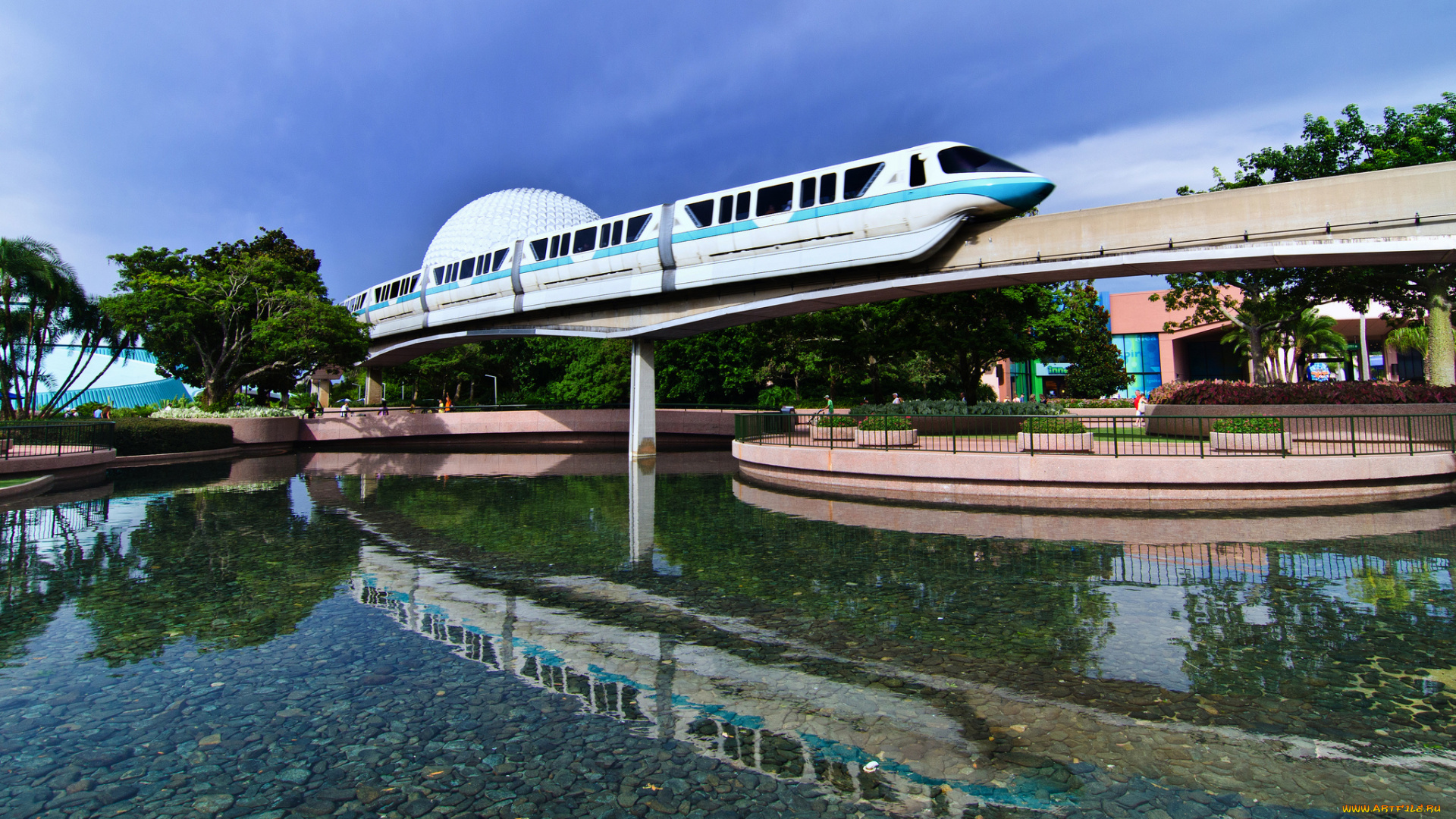 техника, поезда, поезд, монорельс, эстакада, река, парк