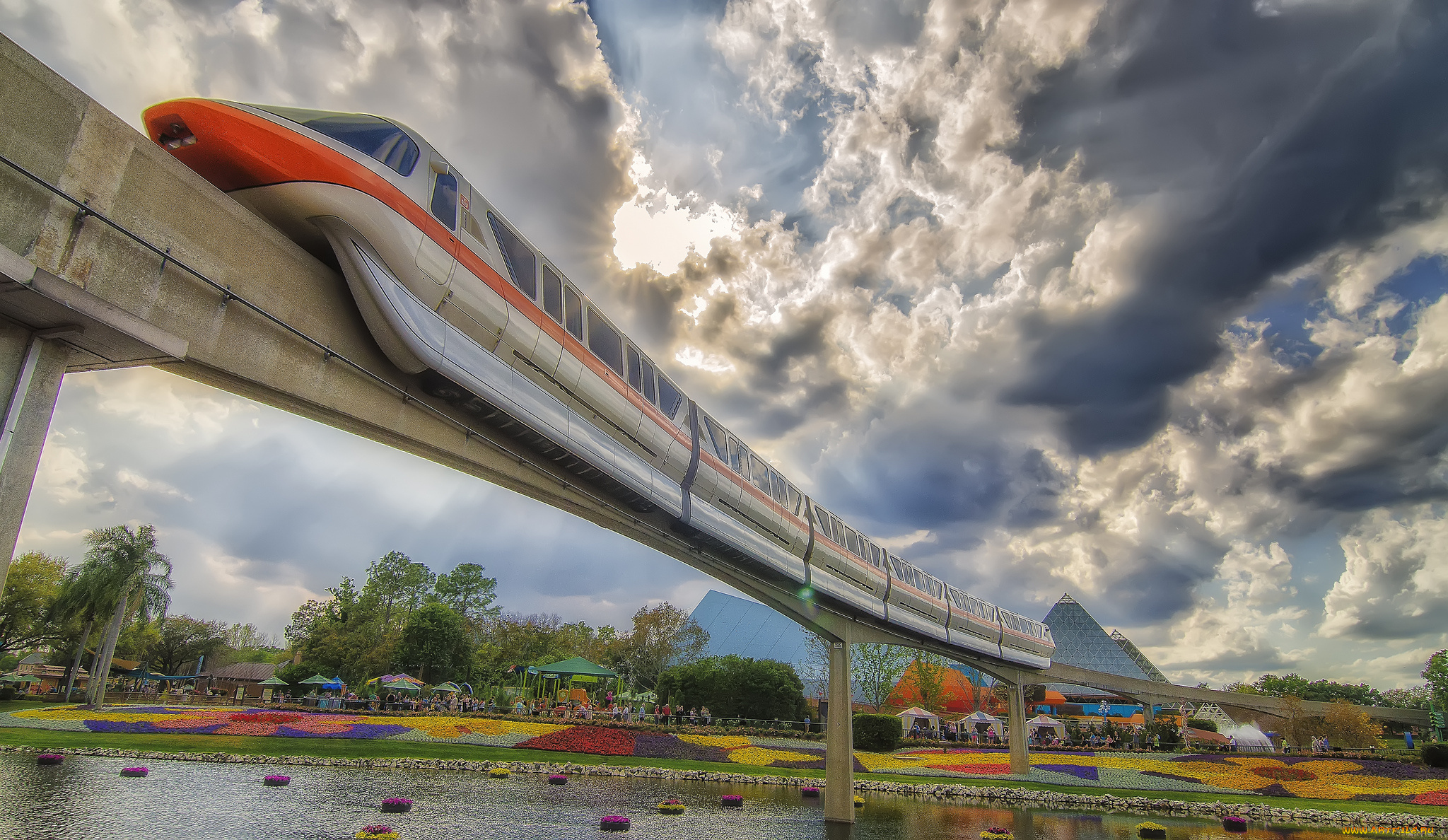 техника, поезда, монорельс, эстакада, река, парк, поезд