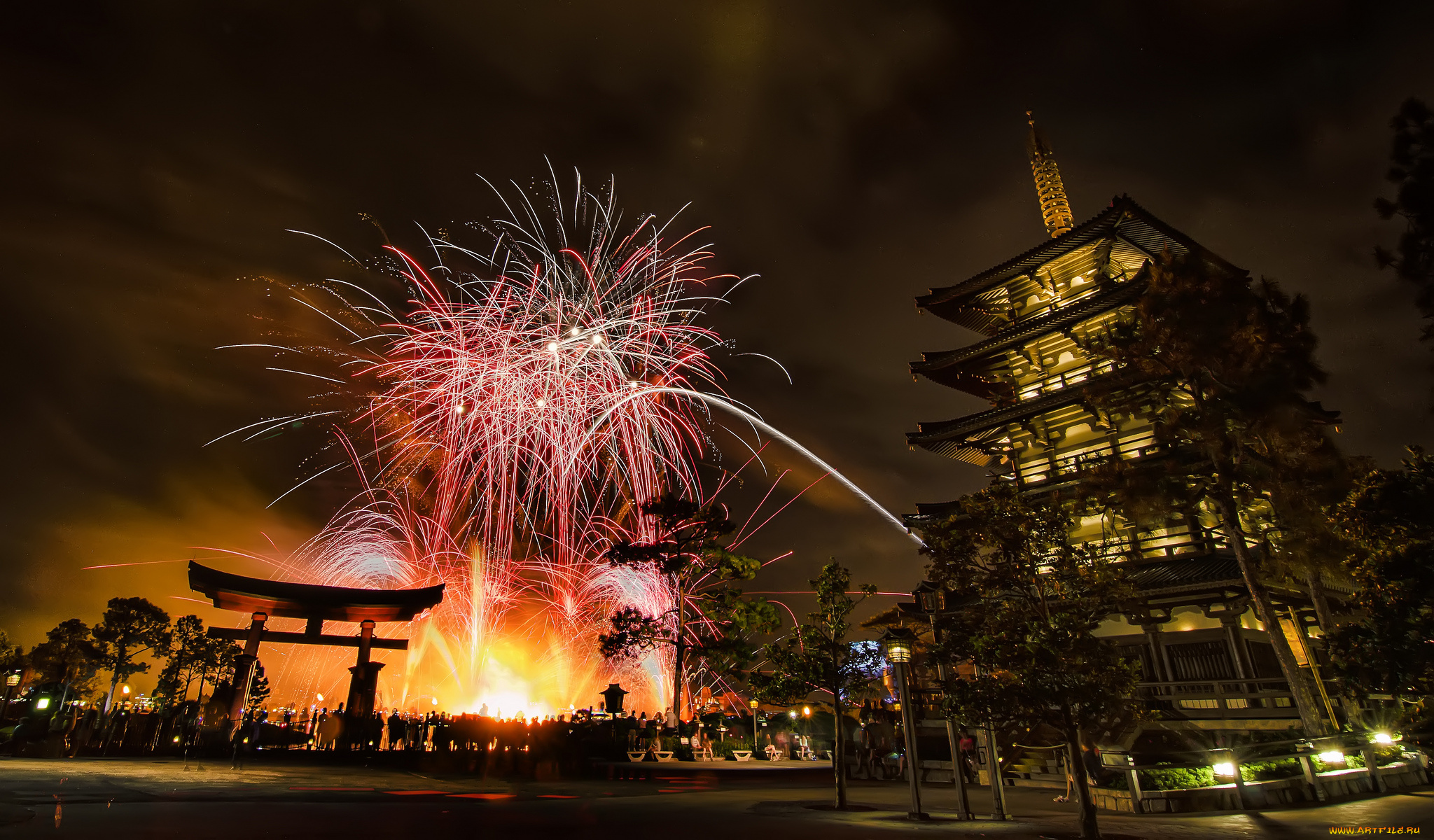 города, диснейленд, фейерверк, парк, ночь