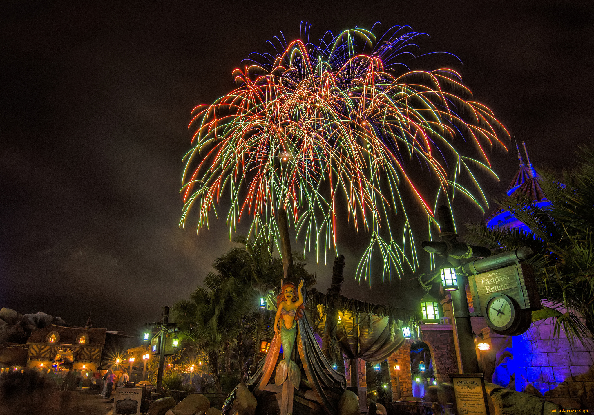 города, диснейленд, фейерверк, парк, ночь