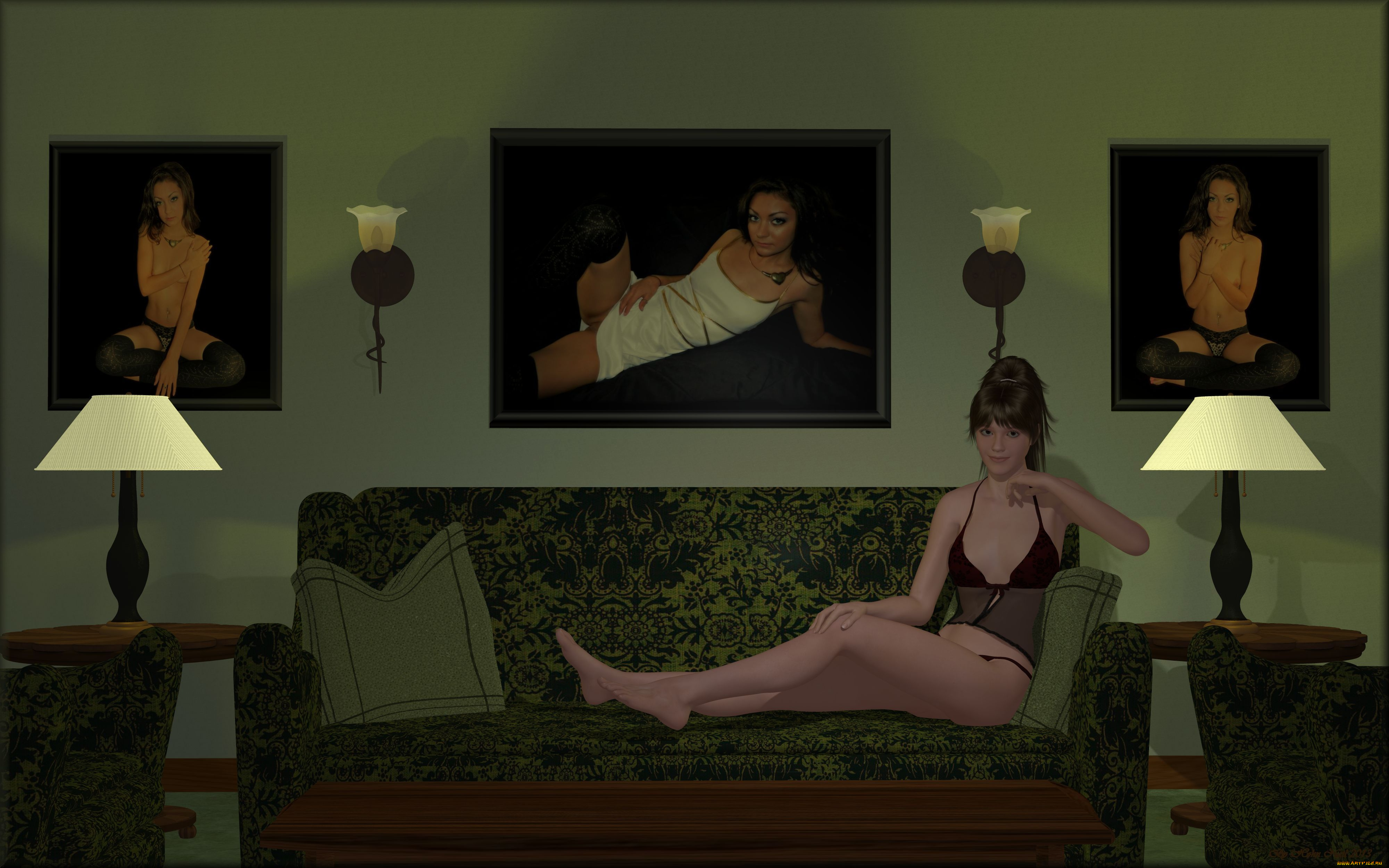 3д, графика, people, , люди, девушка, диван, картины, светильники