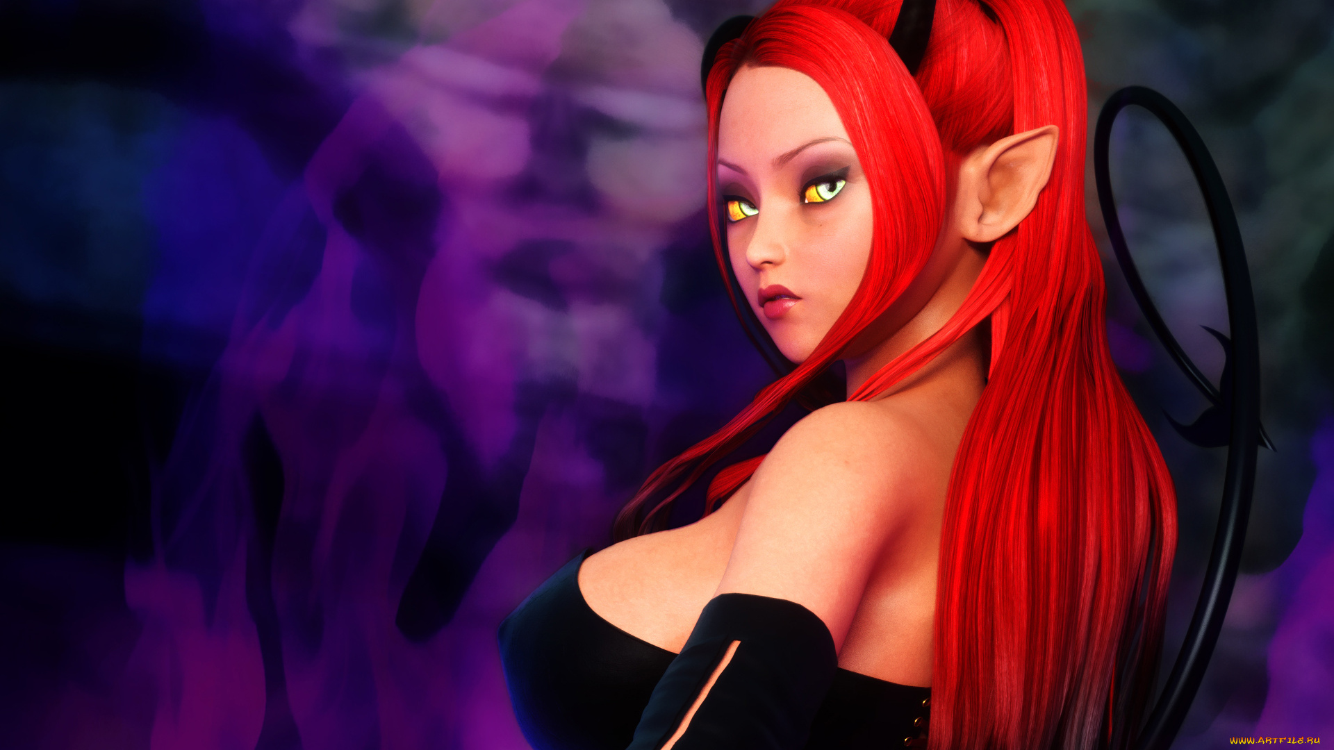 3д, графика, эльфы, , elves, рыжая, фон, взгляд, эльфийка