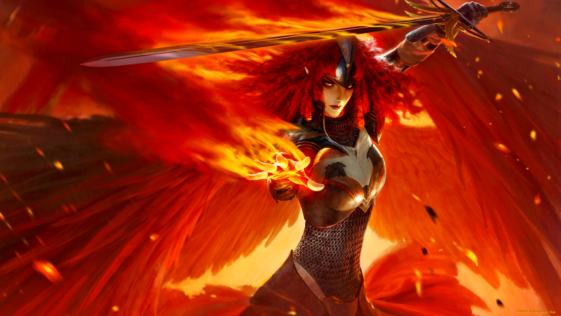3д, графика, фантазия, , fantasy, фон, взгляд, девушка, огонь, меч