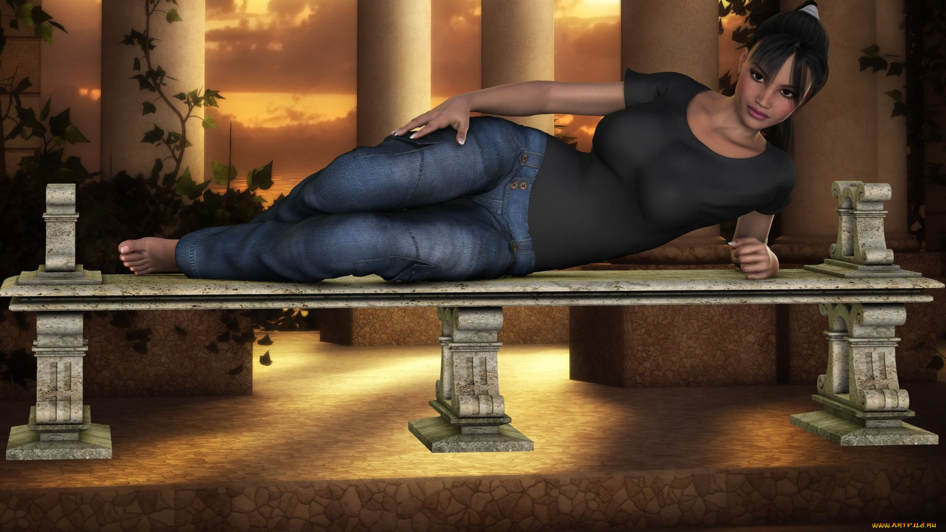 3д, графика, люди, , people, фон, скамейка, взгляд, девушка