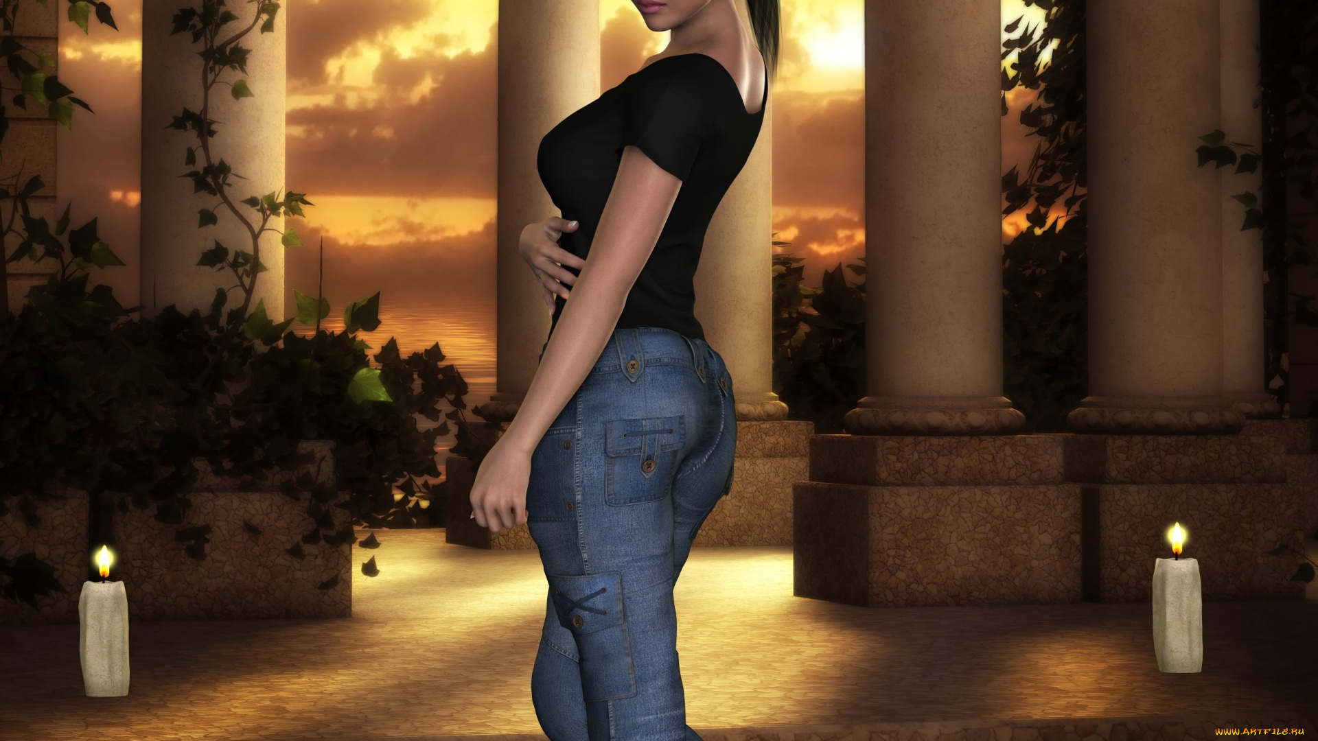 3д, графика, люди, , people, фон, взгляд, джинсы, девушка, колоны