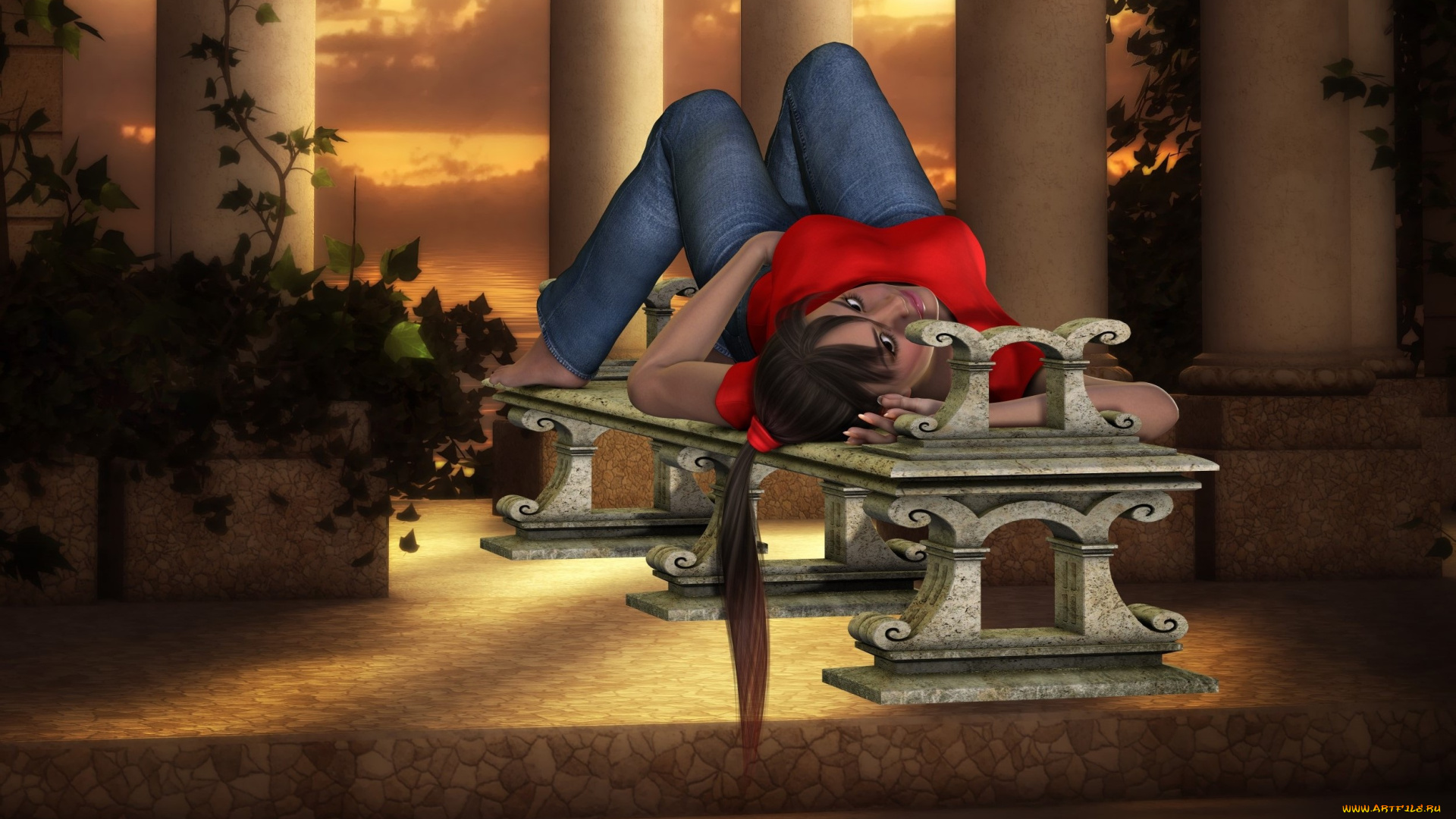 3д, графика, люди, , people, колоны, фон, взгляд, девушка, скамейка, джинсы