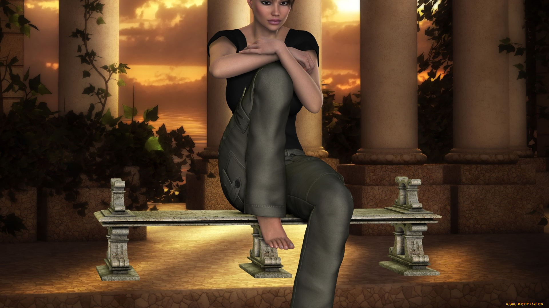 3д, графика, люди, , people, скамейка, фон, взгляд, девушка