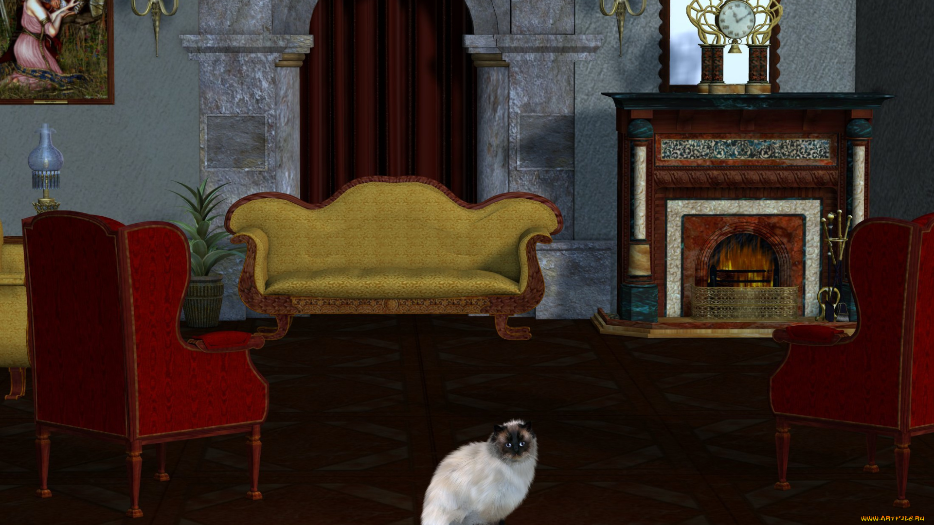 3д, графика, животные, , animals, диван, комната, кот, светильники, стулья, картина, камин, часы