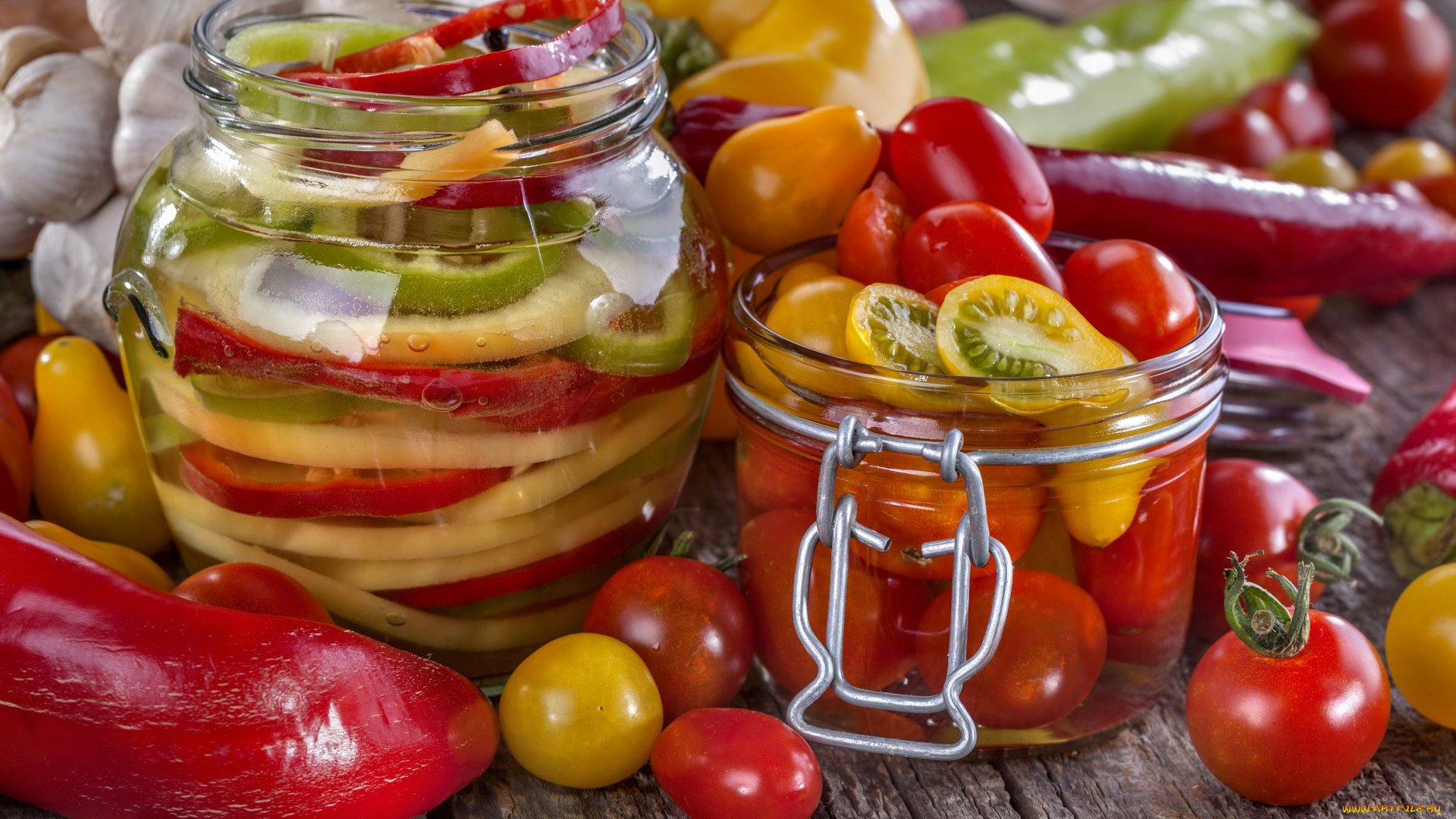 еда, консервация, перец, помидоры, овощи