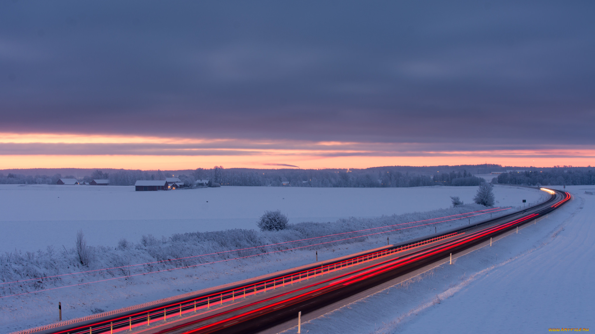 природа, дороги, домики, поле, снег, тучи, небо, заря, рассвет, утро, зима, швеция