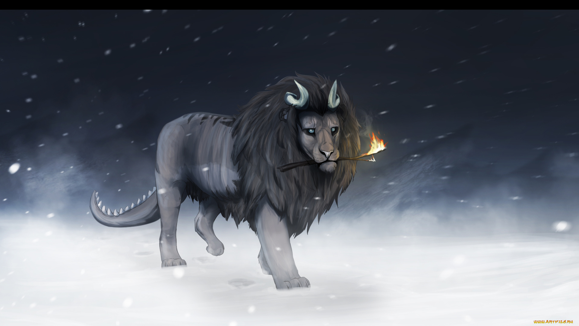 рисованное, животные, , сказочные, , мифические, лев, грива, рога, хвост, палка, огонь, зима, холод, снег