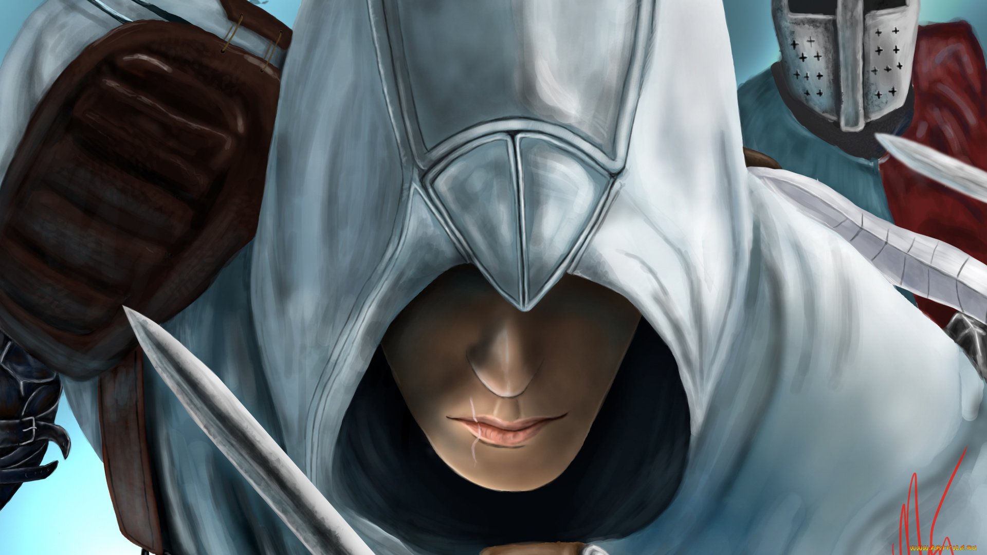 видео, игры, assassin`s, creed, доспехи, арт, игра, лицо, оружие, altair, assassins, creed