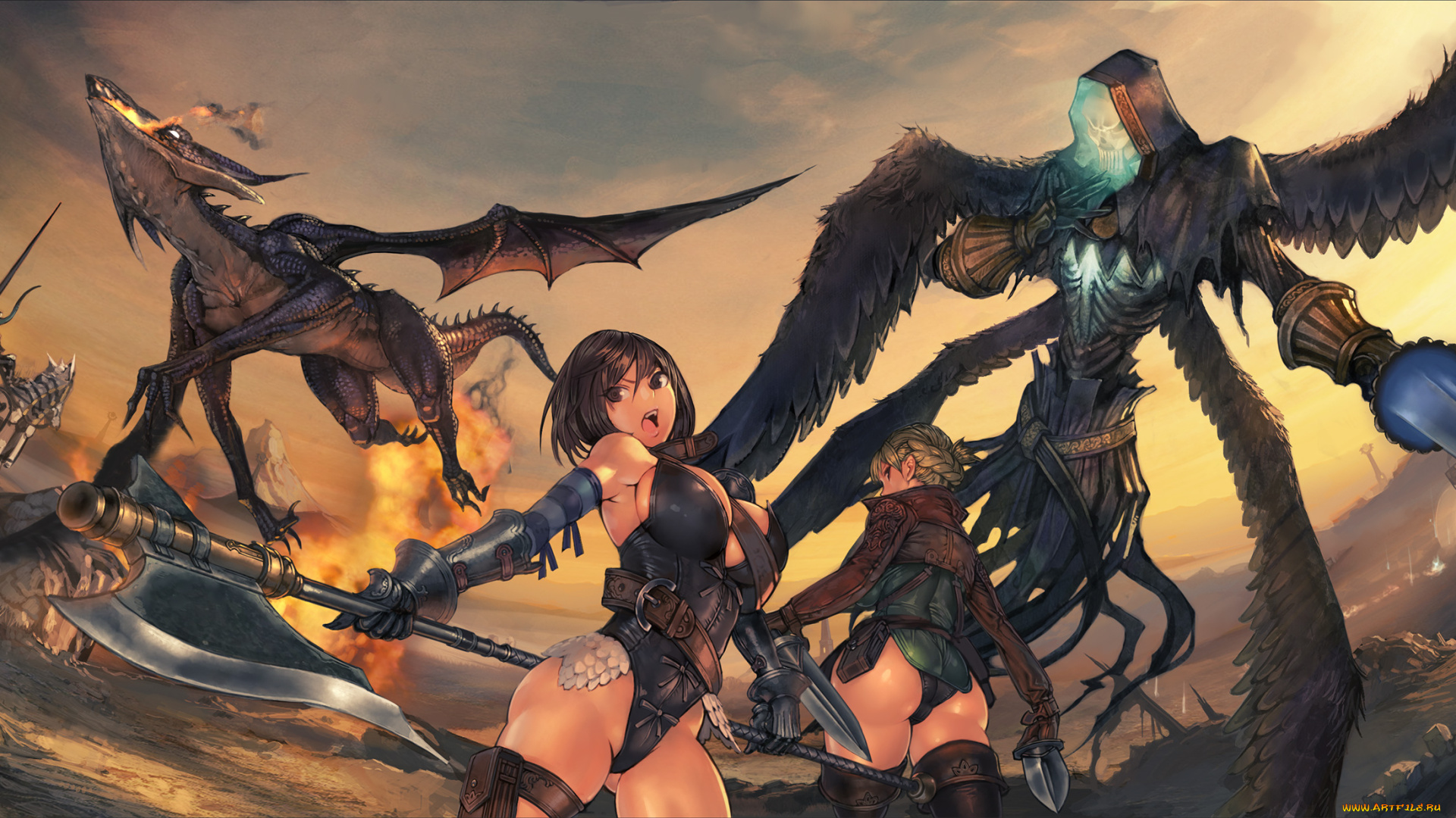 видео, игры, fantasy, earth, , zero, девушки, дракон, огонь, топор, демон, меч, оружие, urakanda, fantasy, earth, zero, арт, всадник