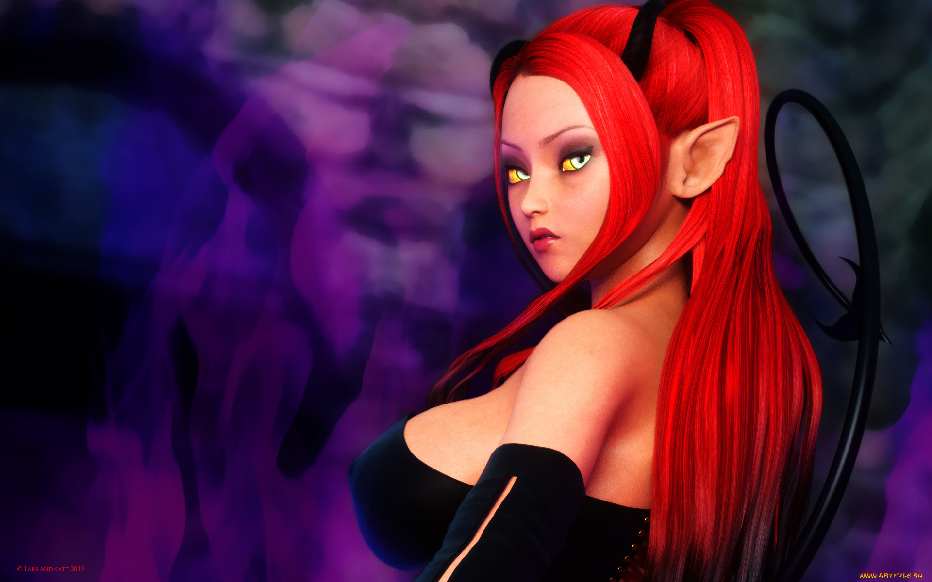 3д, графика, эльфы, , elves, рыжая, фон, взгляд, эльфийка