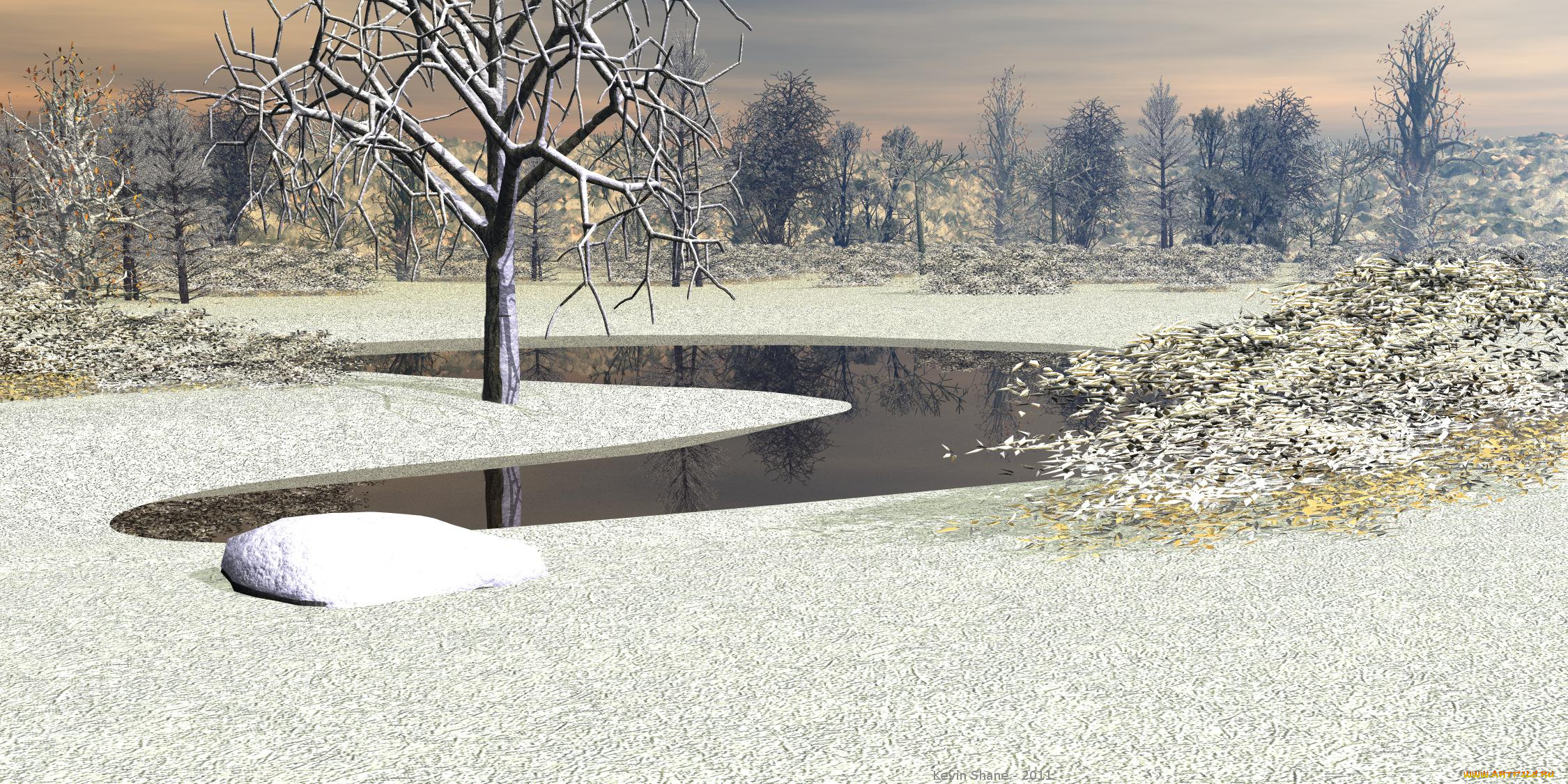 3д, графика, природа, , nature, снег, деревья, озеро