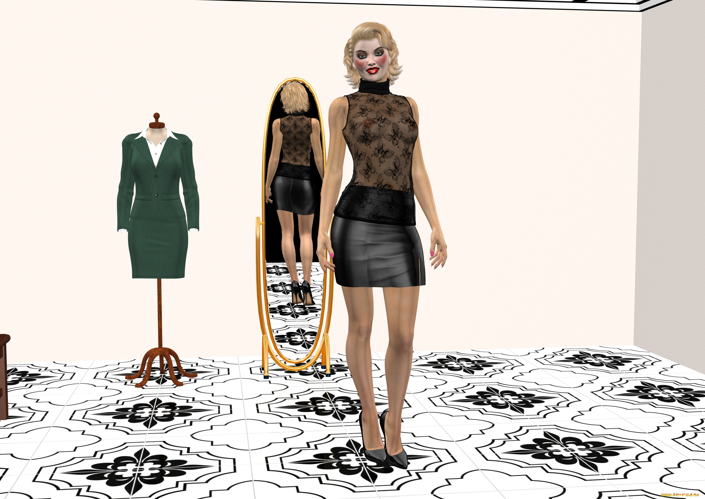 3д, графика, люди, , people, девушка, зеркало, блондинка, фон, взгляд