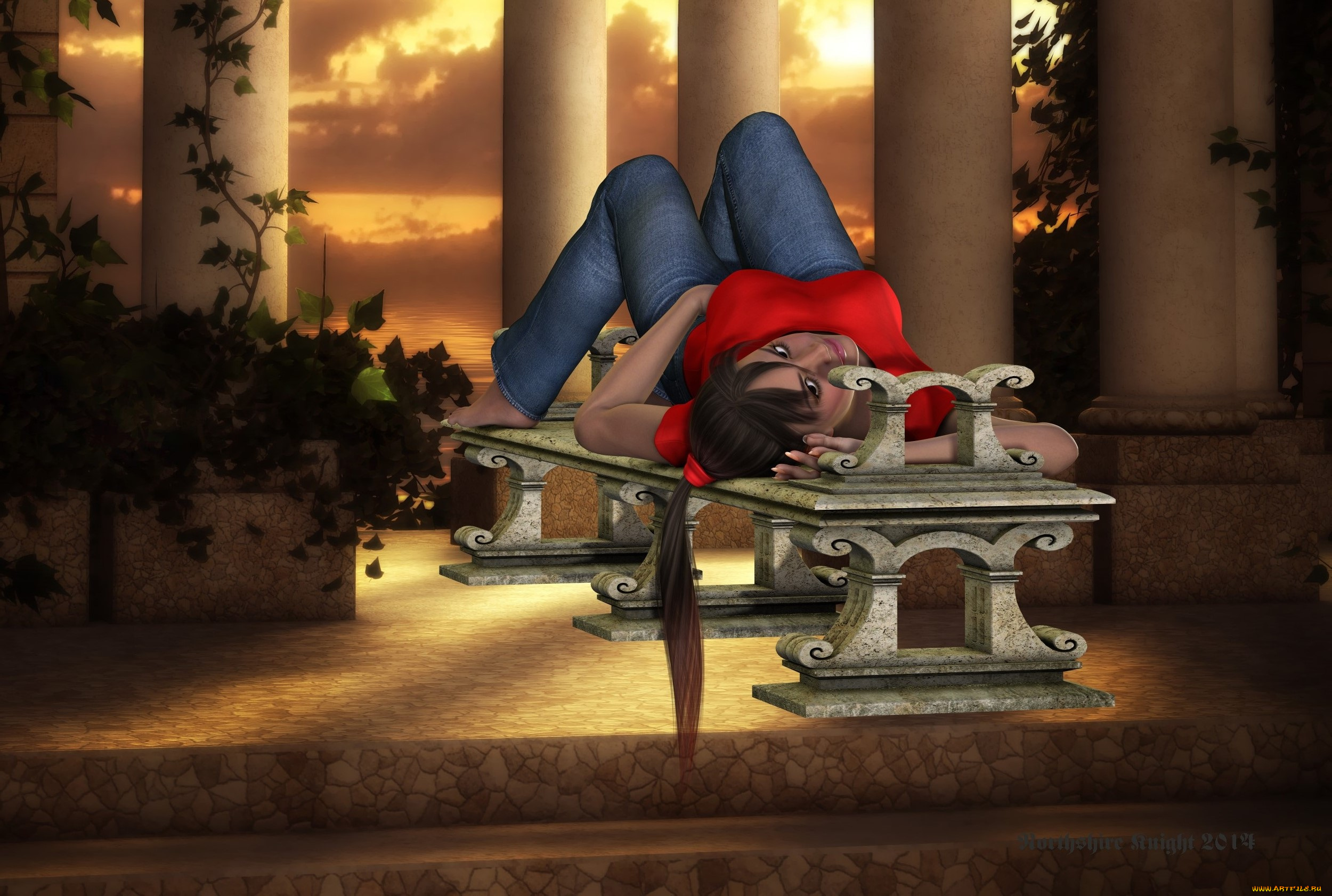3д, графика, люди, , people, колоны, фон, взгляд, девушка, скамейка, джинсы