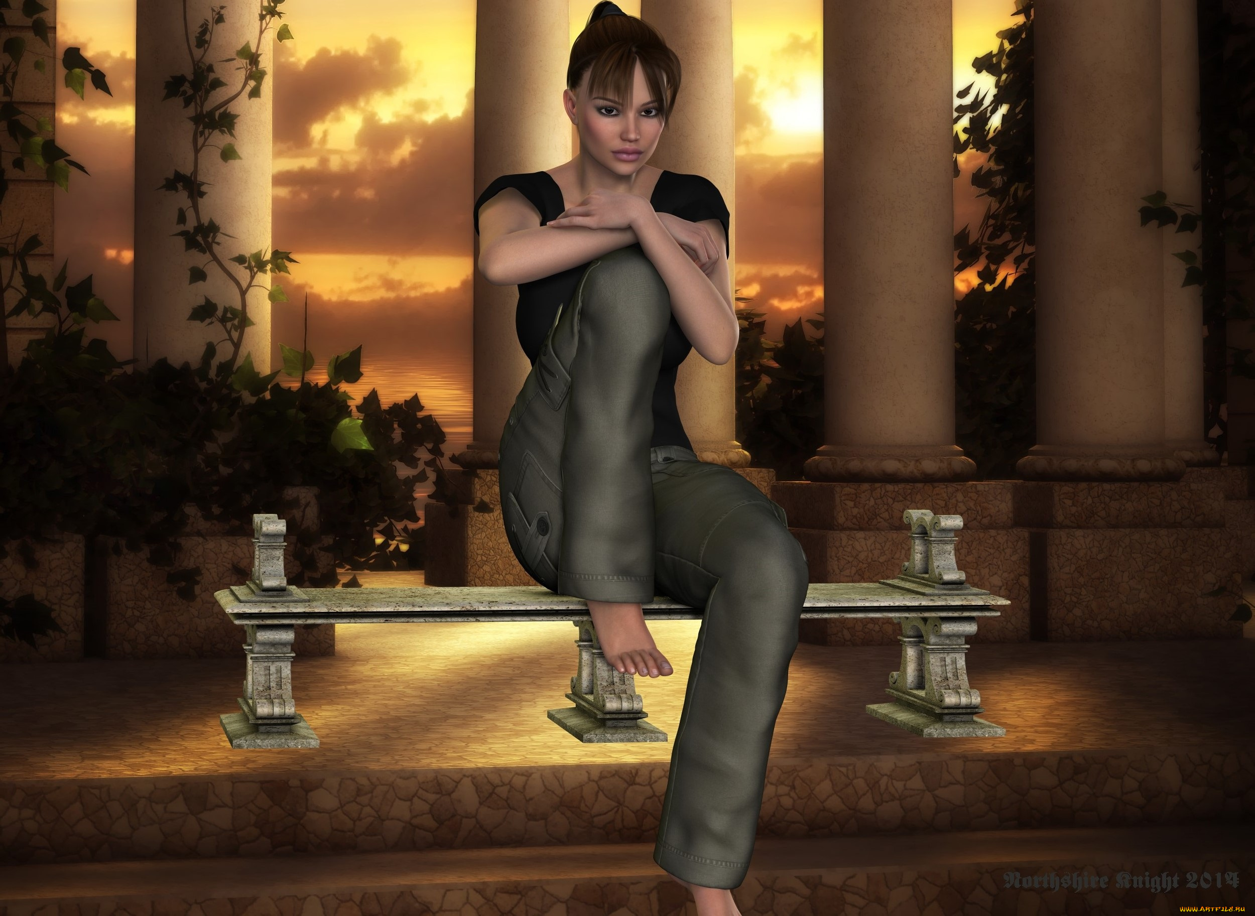 3д, графика, люди, , people, скамейка, фон, взгляд, девушка