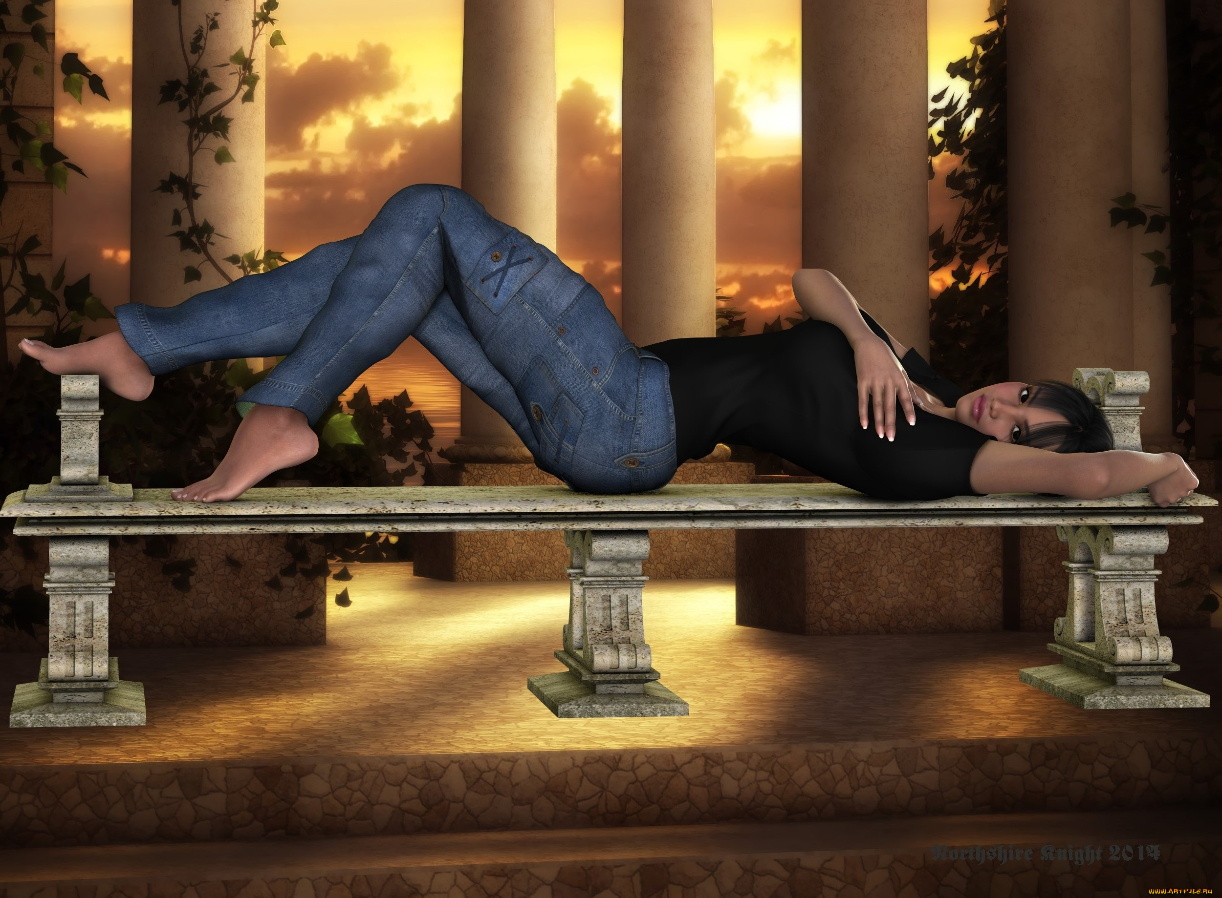 3д, графика, люди, , people, колоны, взгляд, девушка, фон, скамейка, джинсы