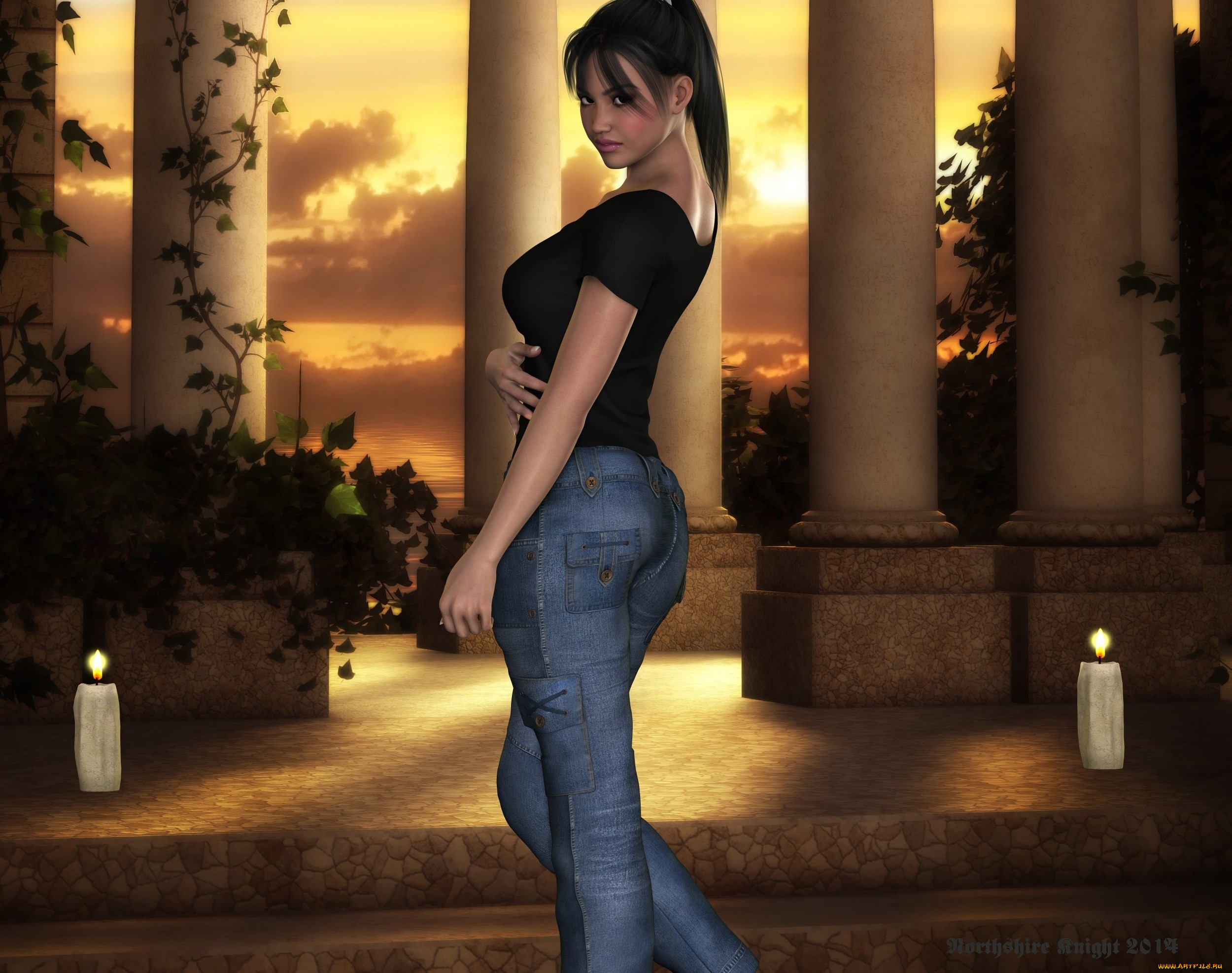 3д, графика, люди, , people, фон, взгляд, джинсы, девушка, колоны