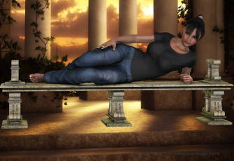 Картинка 3д+графика люди+ people фон скамейка взгляд девушка