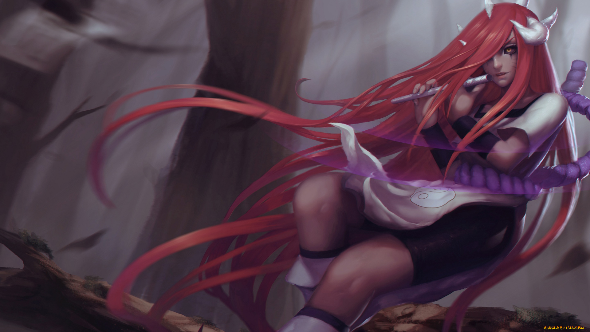 аниме, naruto, флейта, рога, девушка, tayuya, арт, daishiro