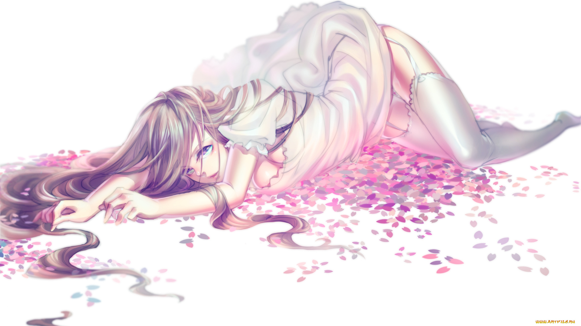 автор, , quuni, аниме, unknown, , другое, лепестки, девушка, фон, арт