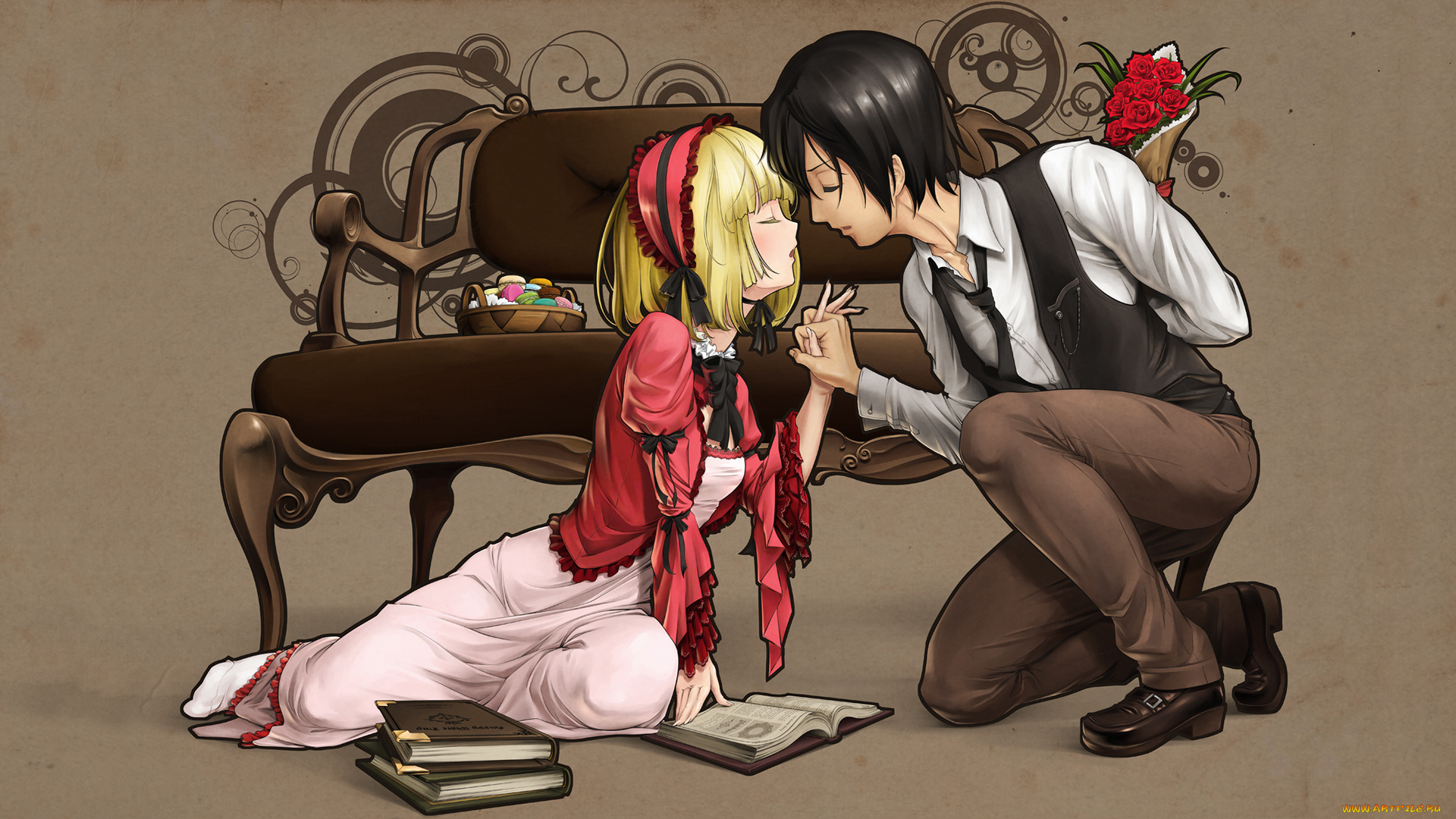 аниме, unknown, , другое, сладости, книги, букет, кресло, поцелуй, gosick, victorica, de, blois, kujou, kazuya