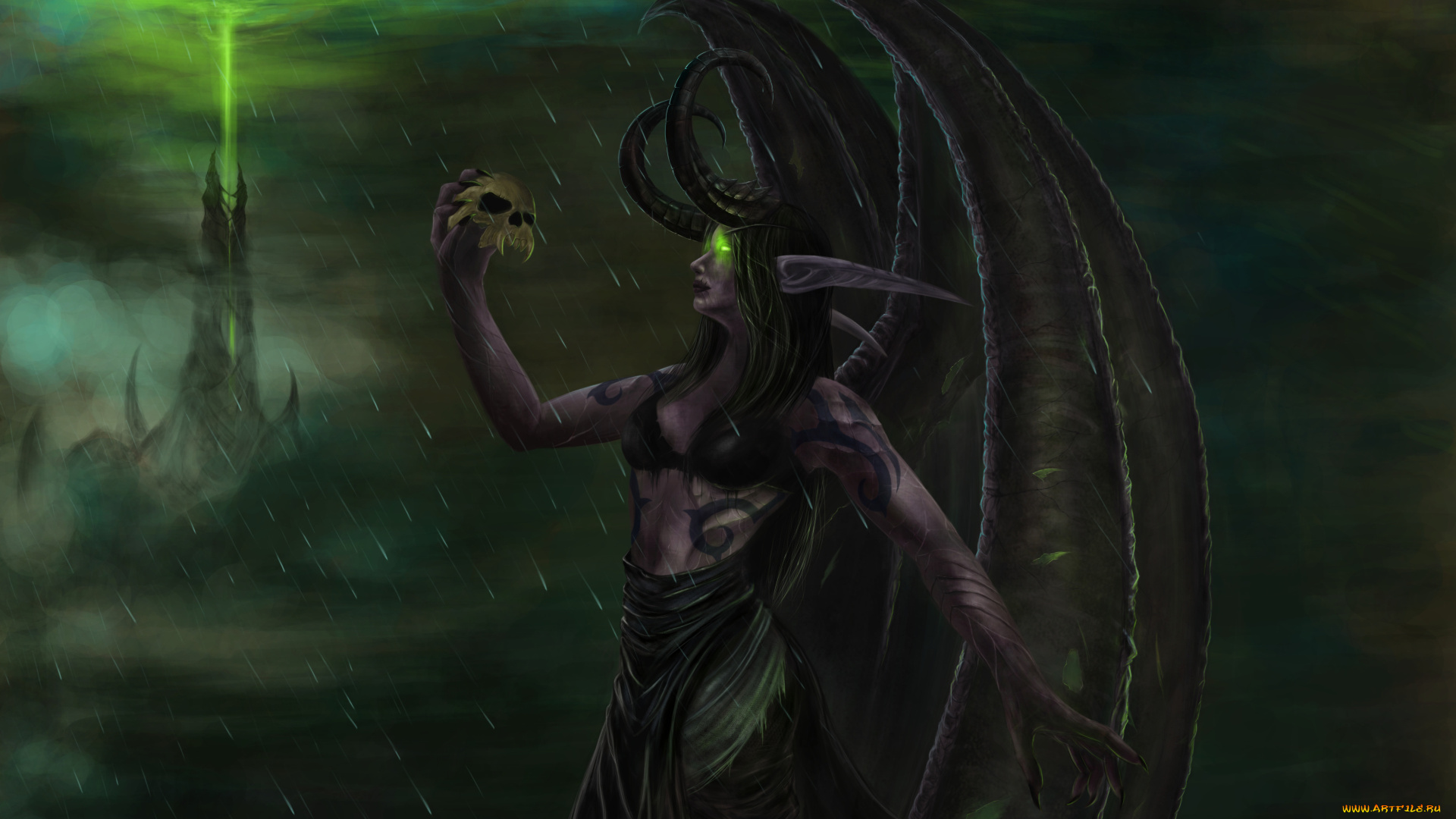 фэнтези, демоны, девушка, фон, крылья, рога, тату, череп